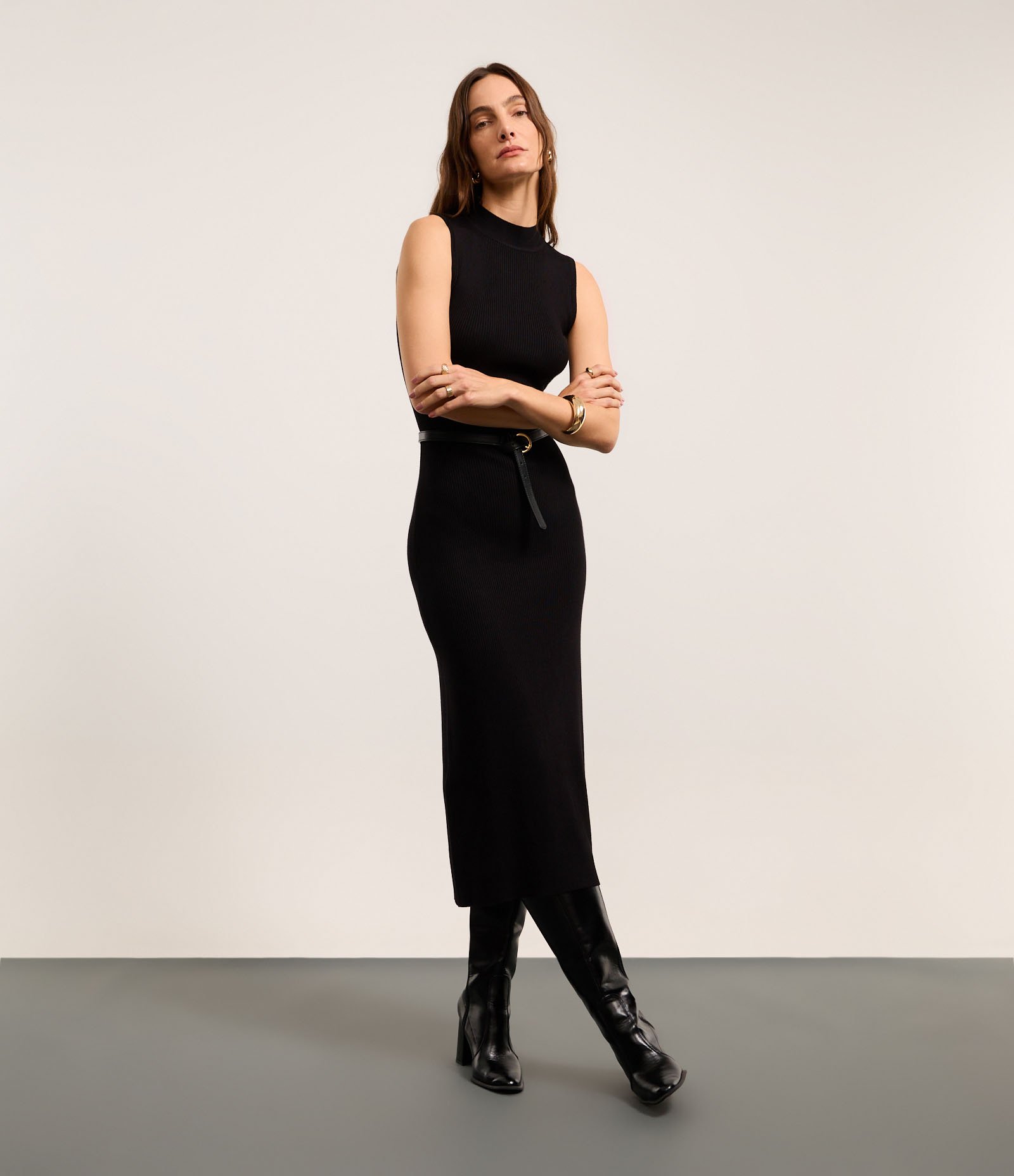 Vestido Reto Long Midi em Tricô Canelado com Gola Alta Preto 1
