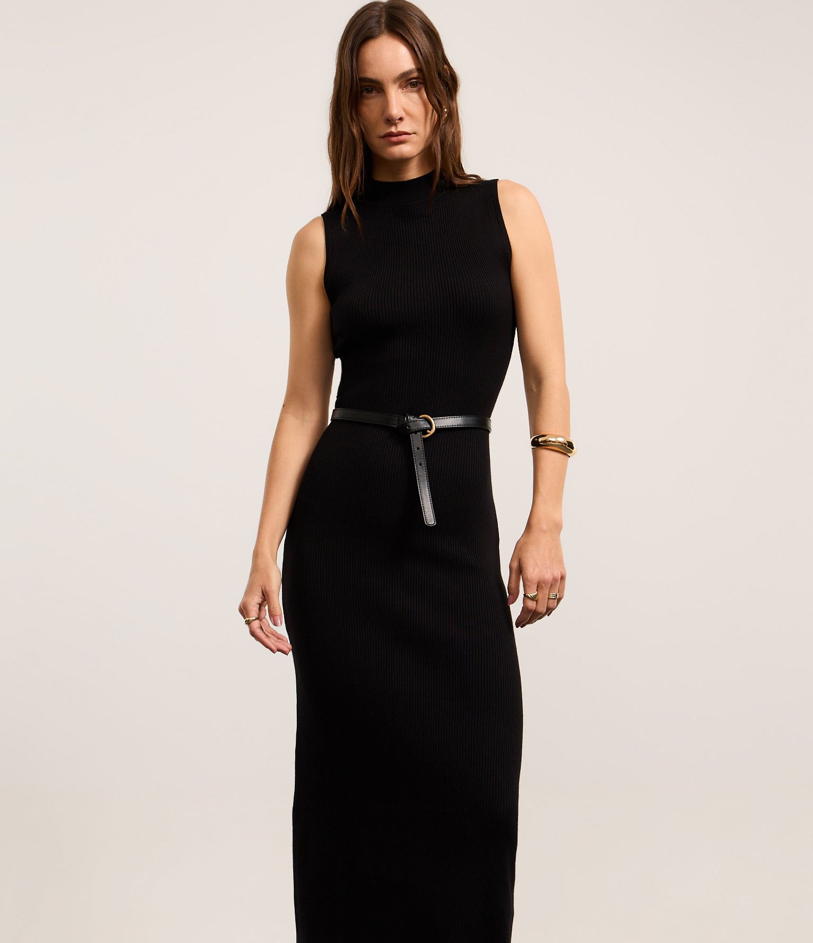 Vestido Reto Long Midi em Tricô Canelado com Gola Alta Preto 4