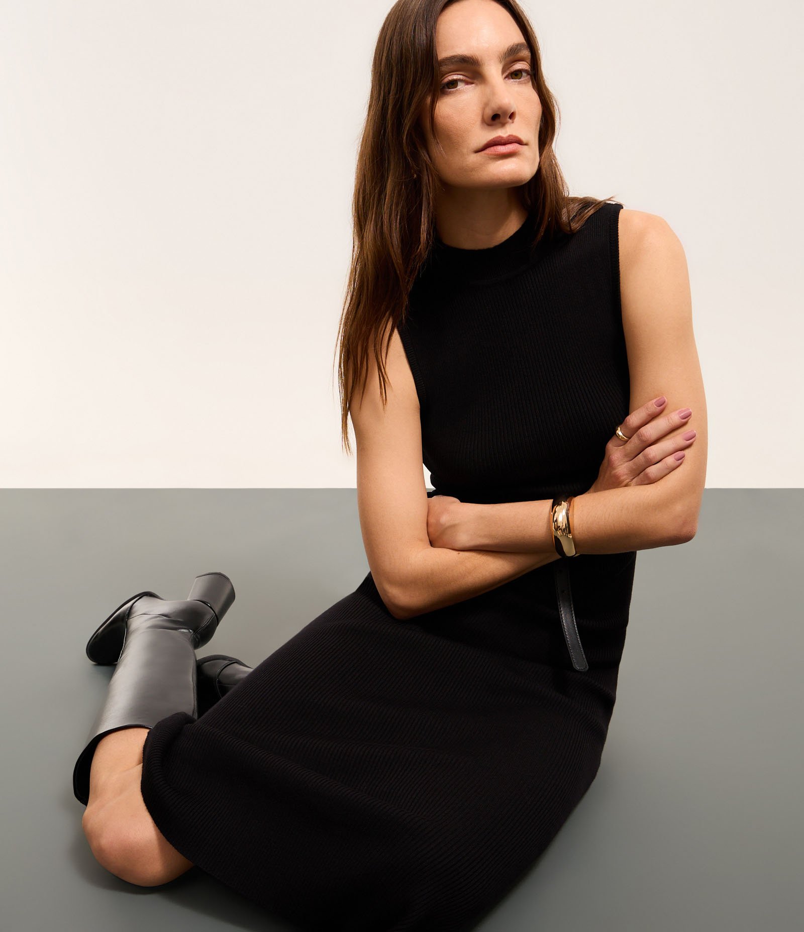 Vestido Reto Long Midi em Tricô Canelado com Gola Alta Preto 6