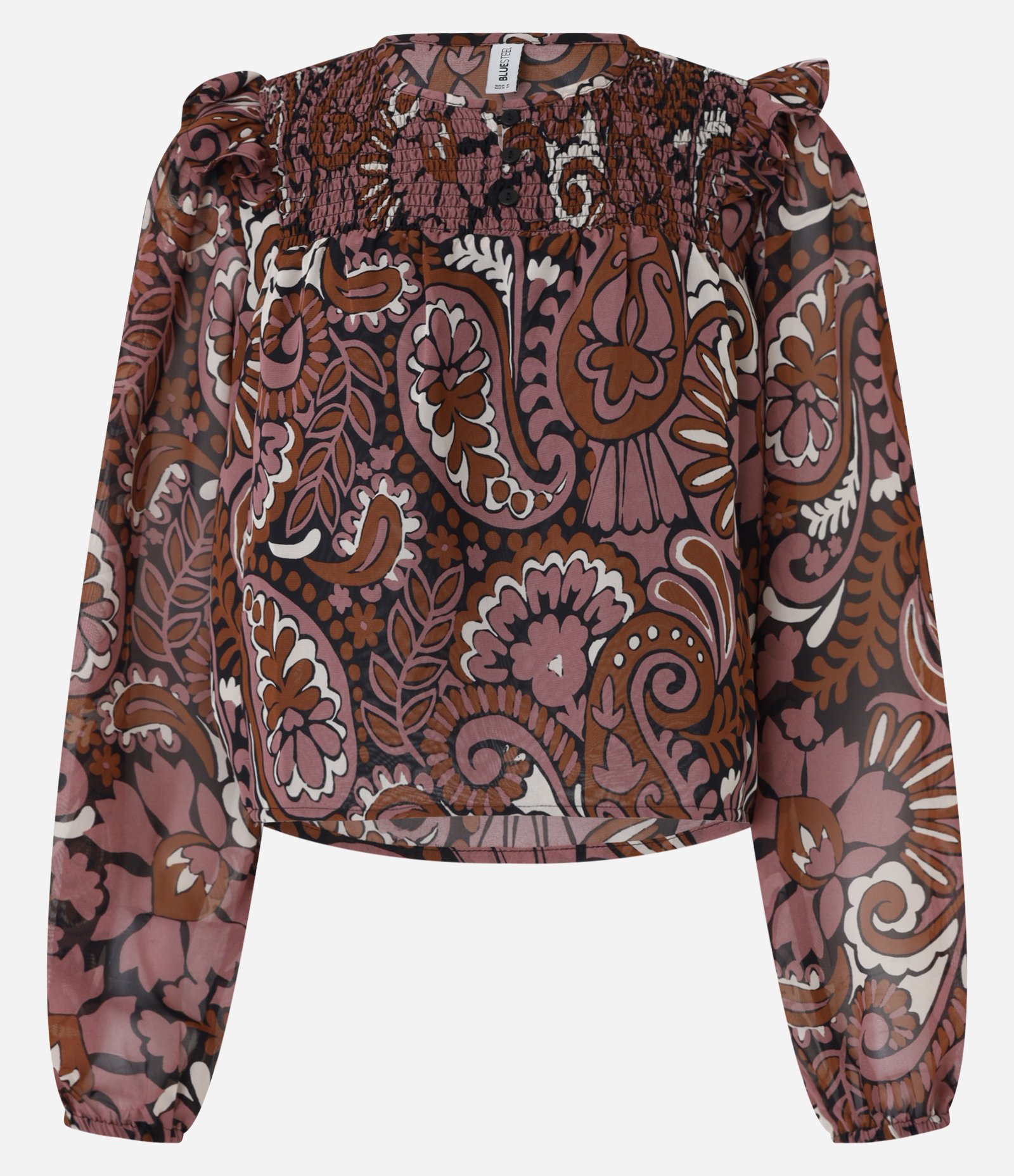 Blusa Bata em Curta em Chiffon com Pala em Lastex e Estampa Paisley Marrom 5