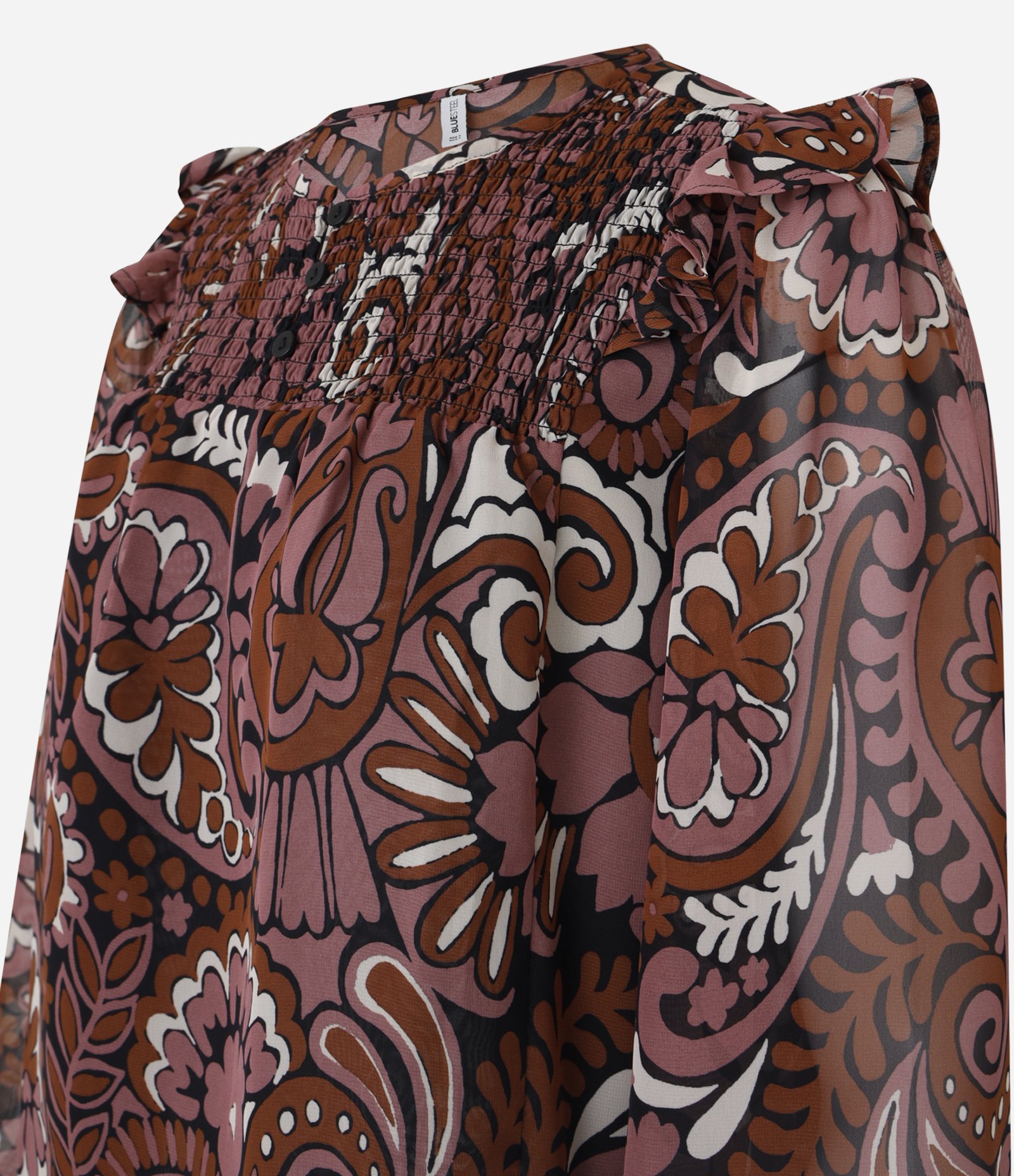 Blusa Bata em Curta em Chiffon com Pala em Lastex e Estampa Paisley Marrom 6