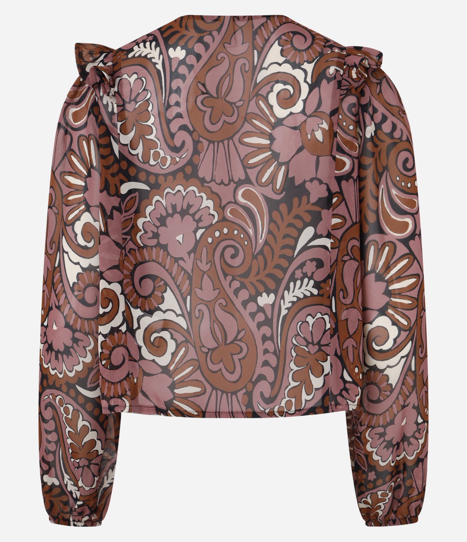 Blusa Bata em Curta em Chiffon com Pala em Lastex e Estampa Paisley Marrom 7