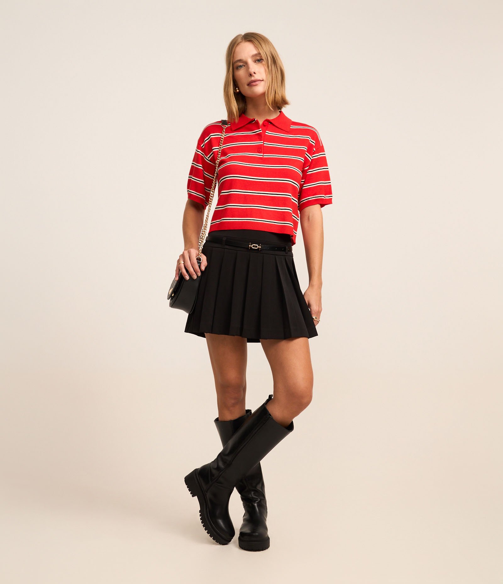 Blusa Pólo em Tricô com Abotoamento e Estampa Listrada Vermelho 3