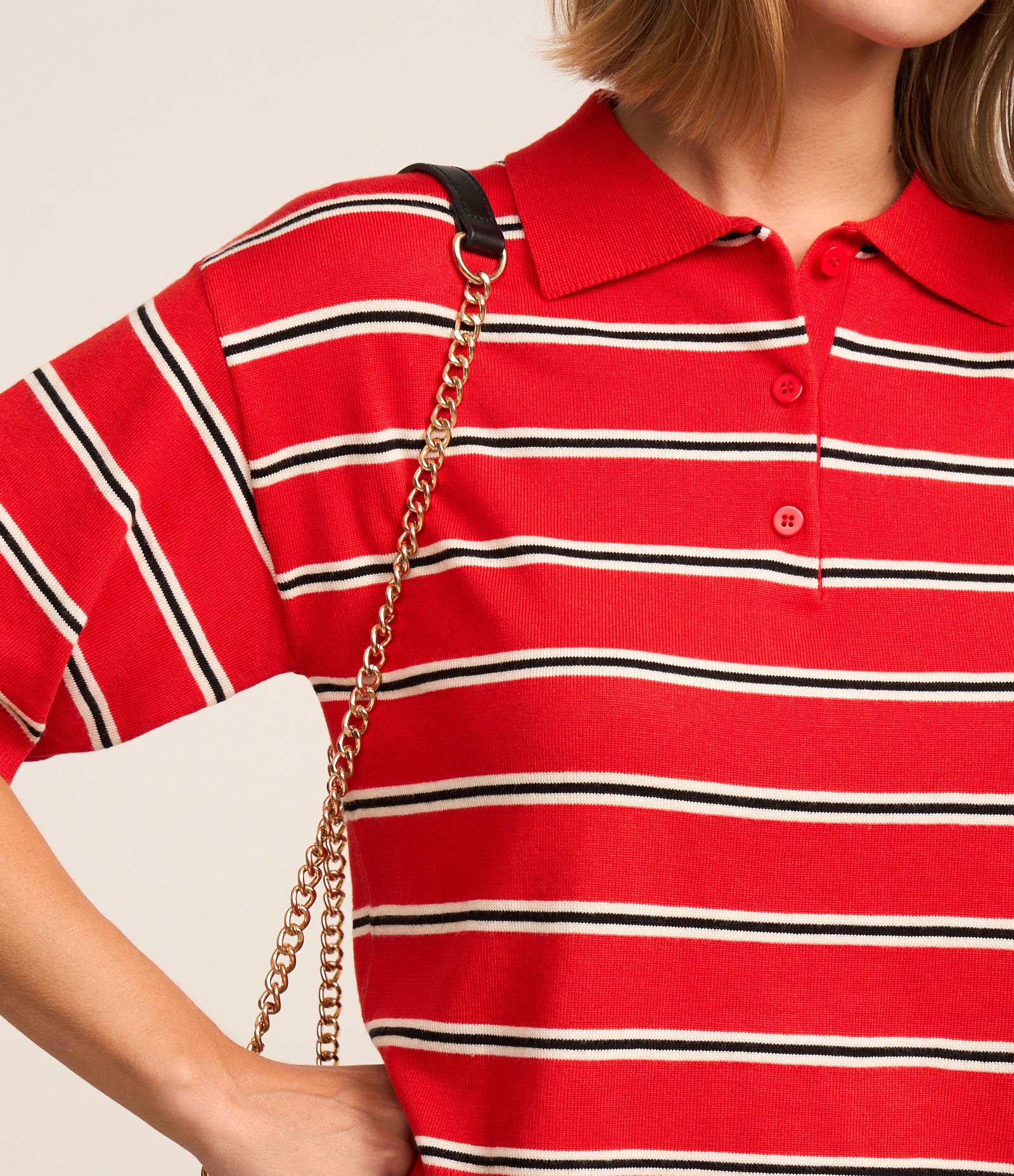 Blusa Pólo em Tricô com Abotoamento e Estampa Listrada Vermelho 6