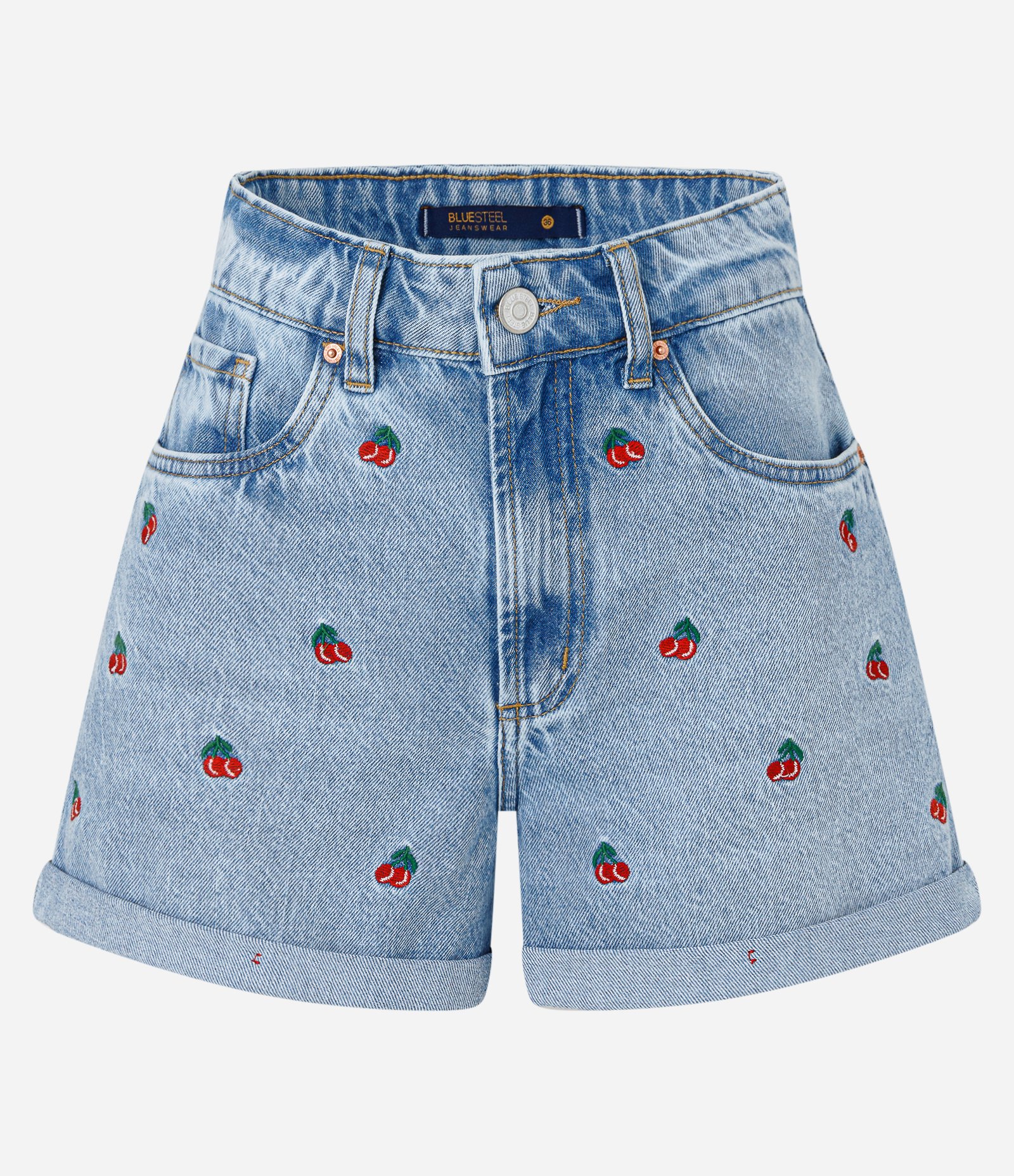 Short Jeans com Bordado de Cerejinhas Azul 5