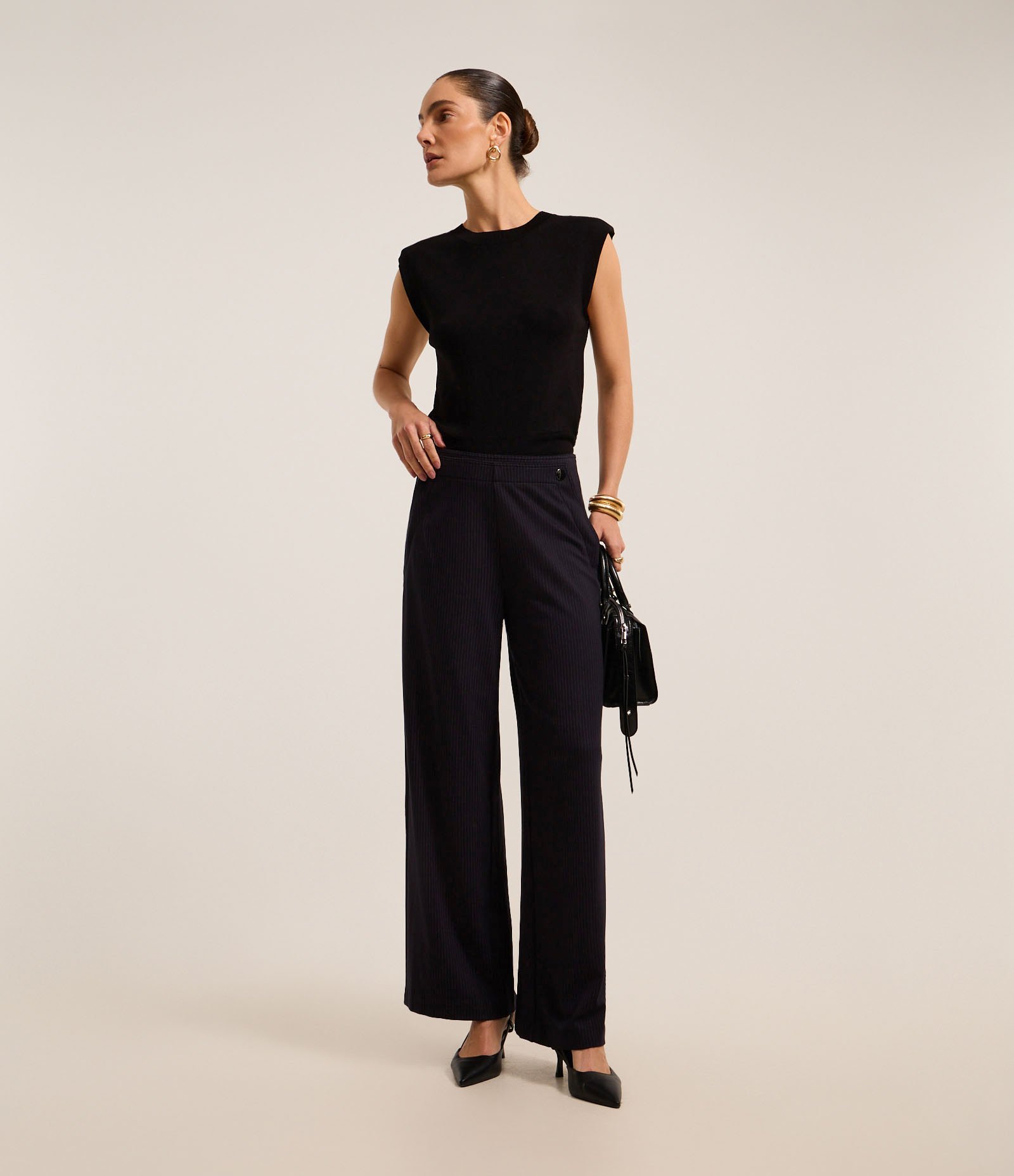 Calça Wide Leg Cintura Alta em Ponto Roma com Linhas Pontilhadas Azul Marinho 1