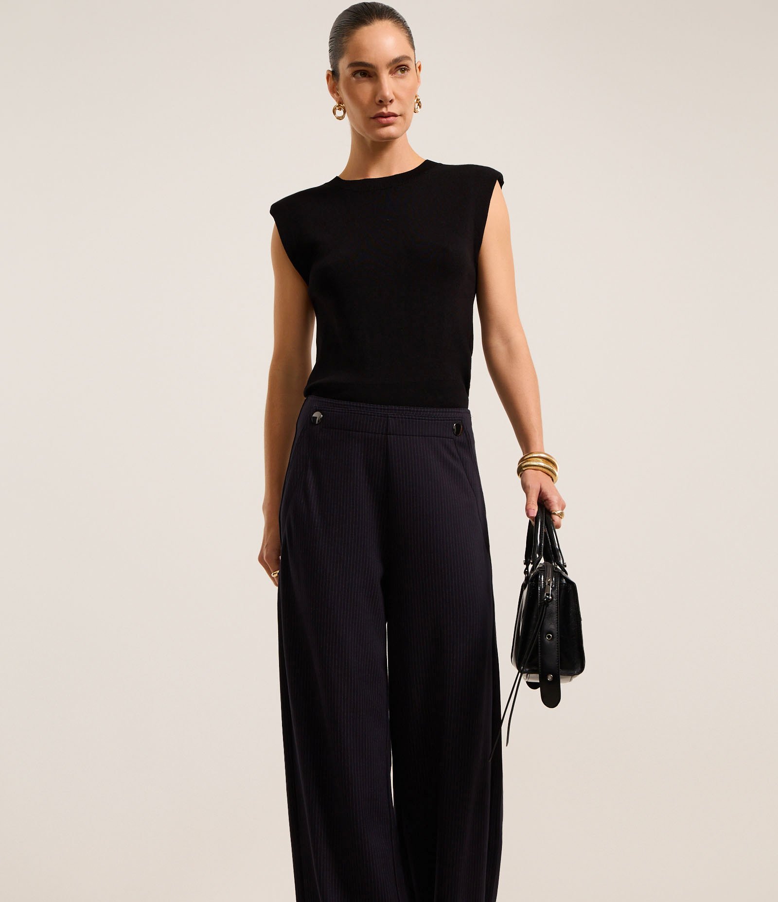 Calça Wide Leg Cintura Alta em Ponto Roma com Linhas Pontilhadas Azul Marinho 2