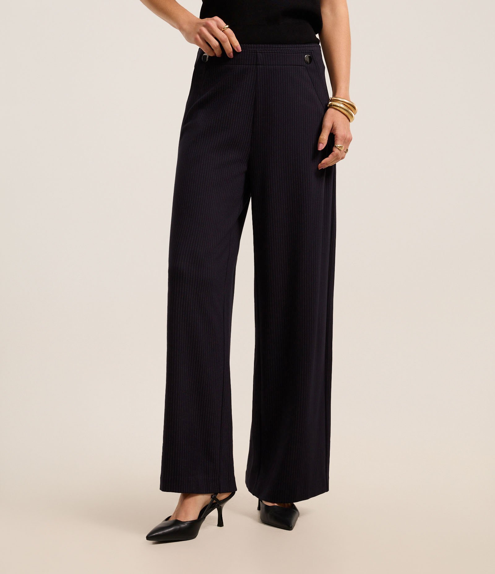 Calça Wide Leg Cintura Alta em Ponto Roma com Linhas Pontilhadas Azul Marinho 3