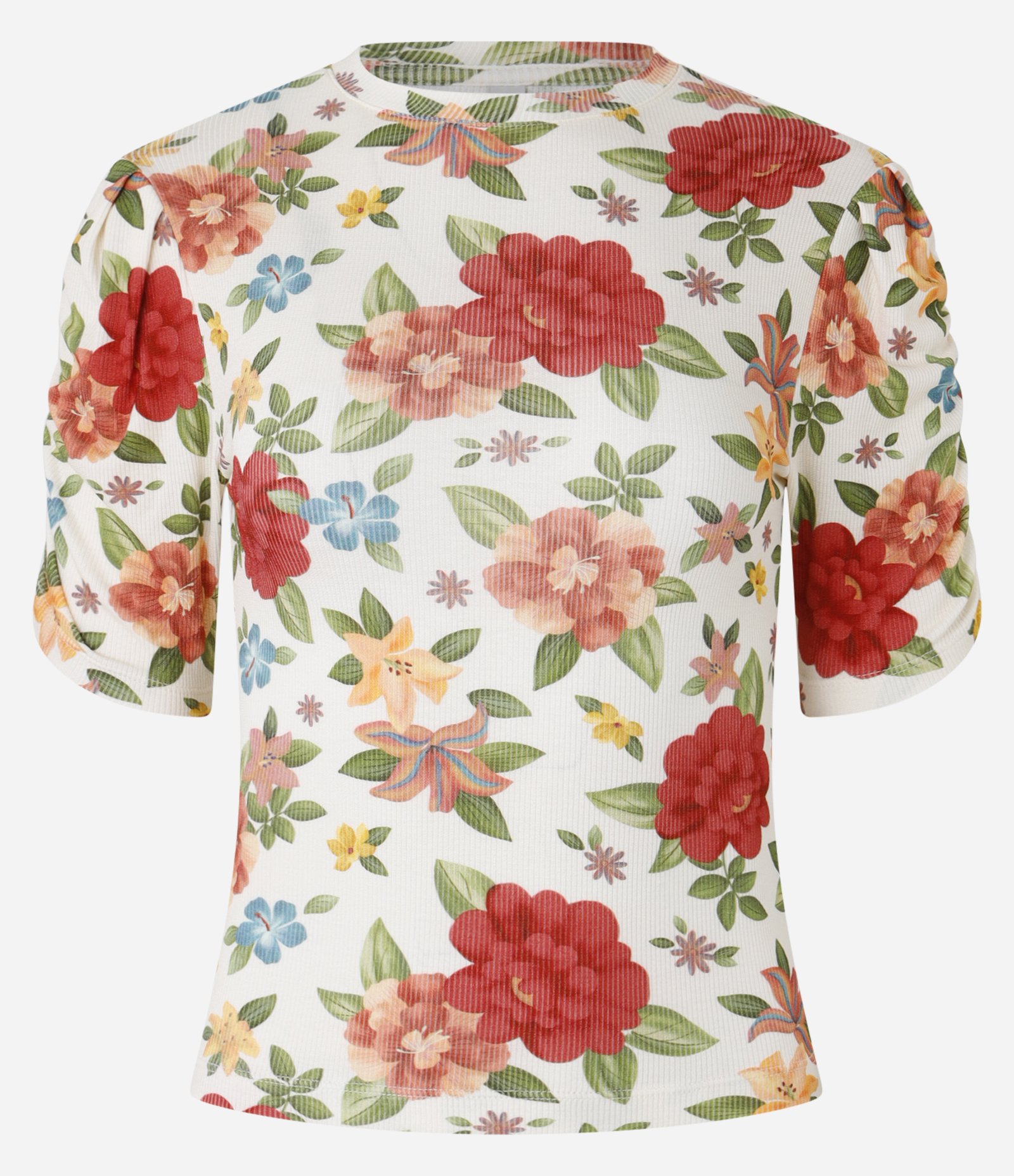 Blusa em Ribana com Franzidinho e Estampa Floral Branco 5