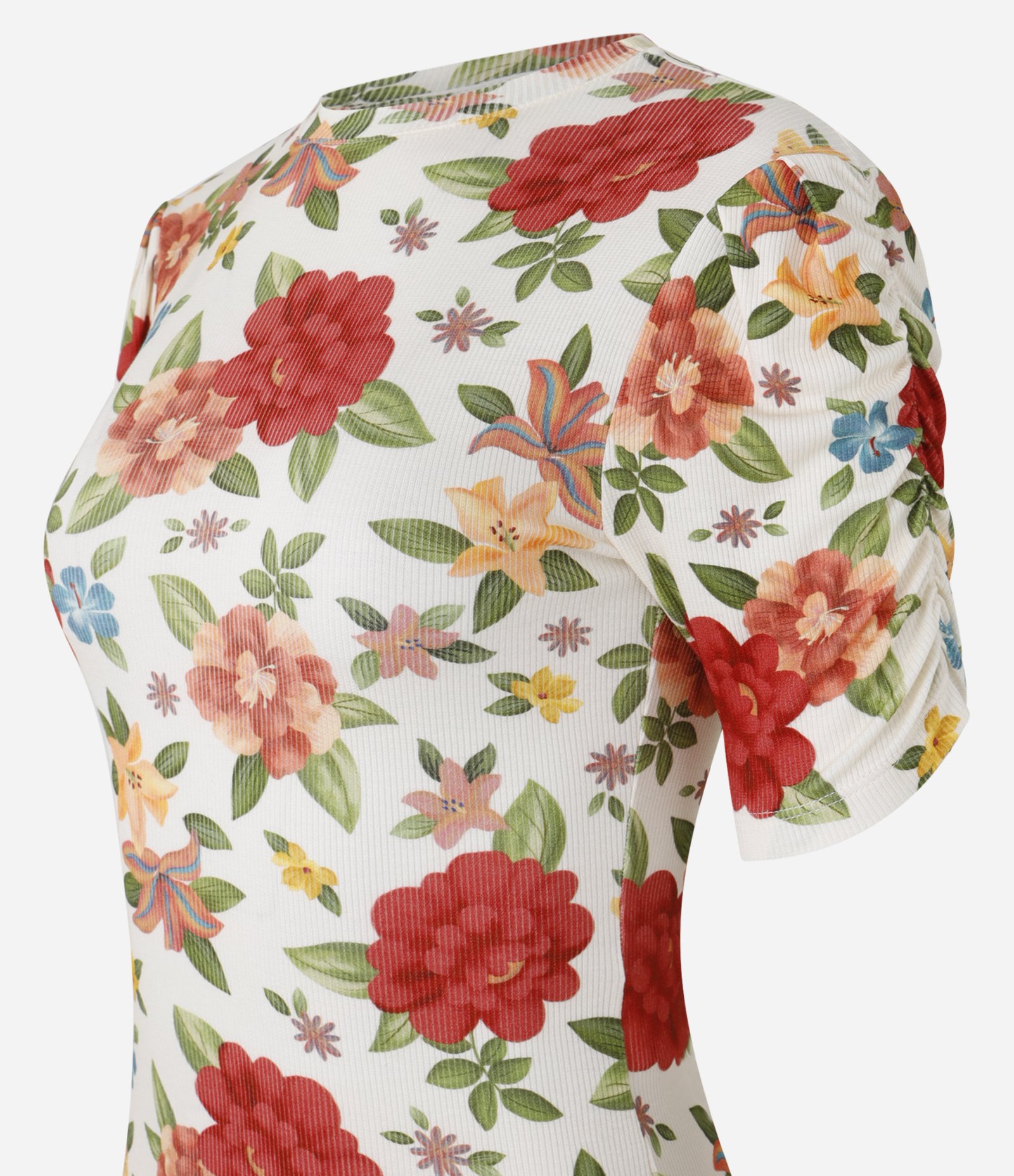 Blusa em Ribana com Franzidinho e Estampa Floral Branco 6