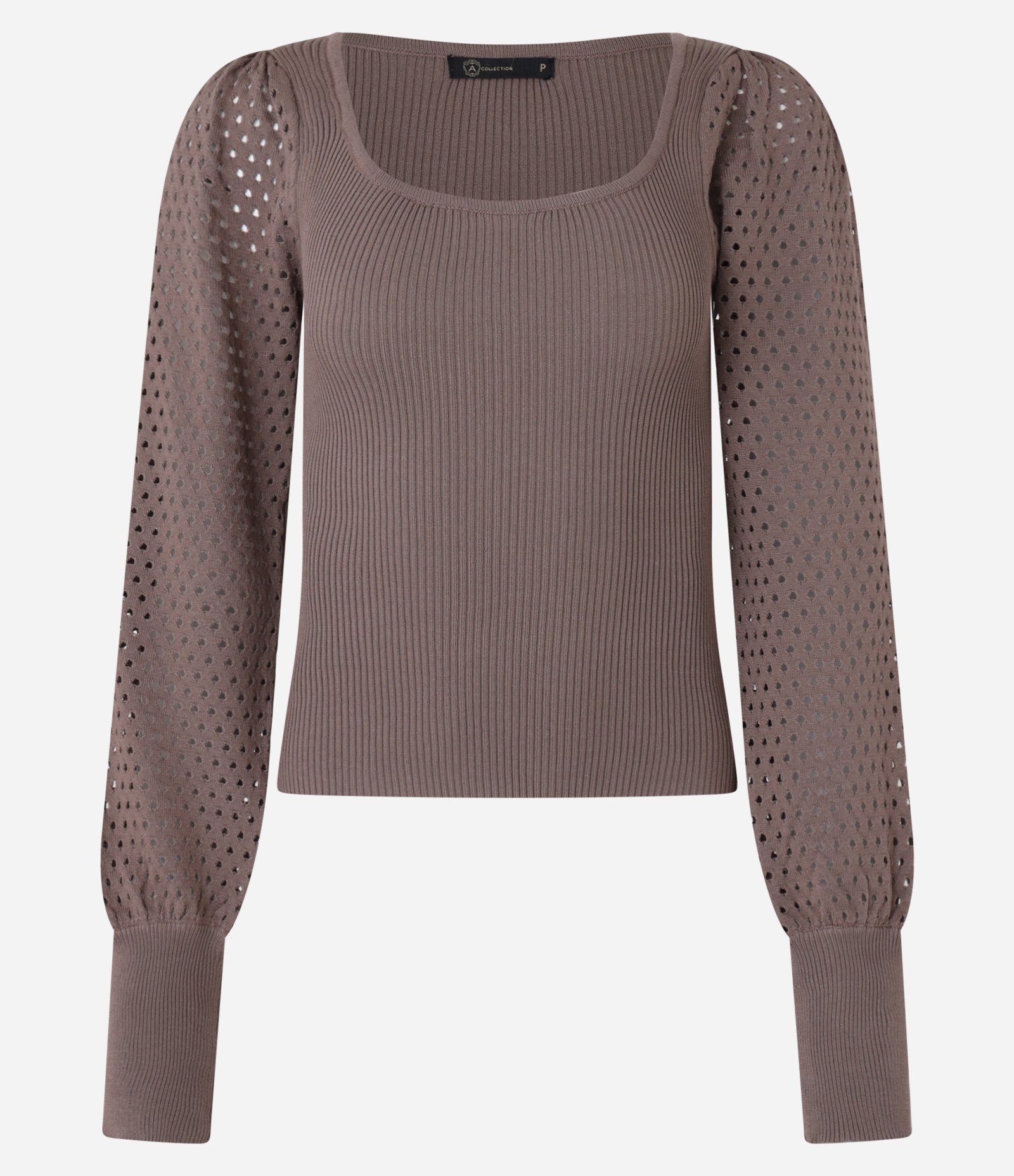 Suéter Canelado em Tricô com Furos na Manga Bufante Marrom 5