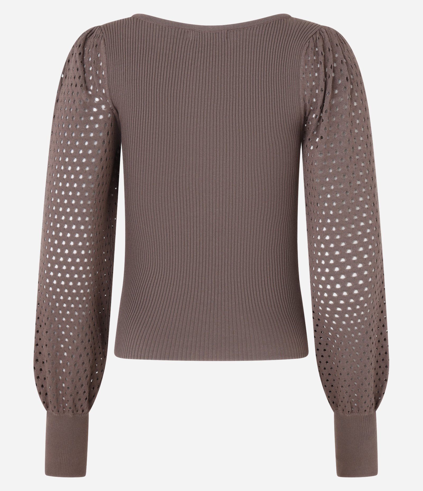 Suéter Canelado em Tricô com Furos na Manga Bufante Marrom 7