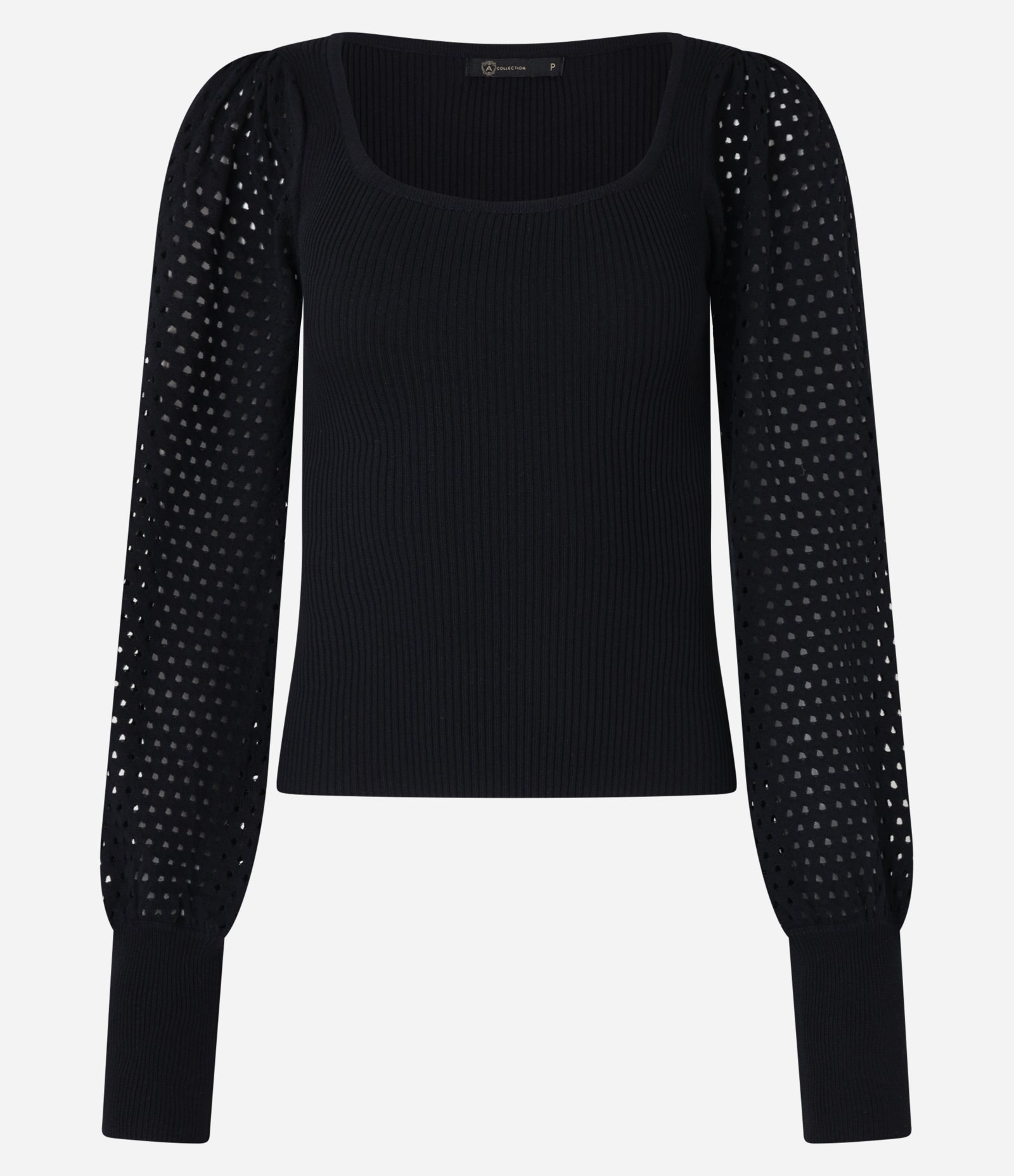 Suéter Canelado em Tricô com Furos na Manga Bufante Preto 5