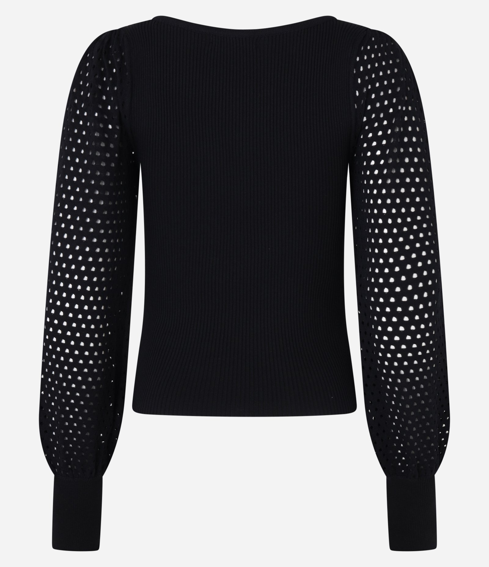 Suéter Canelado em Tricô com Furos na Manga Bufante Preto 7