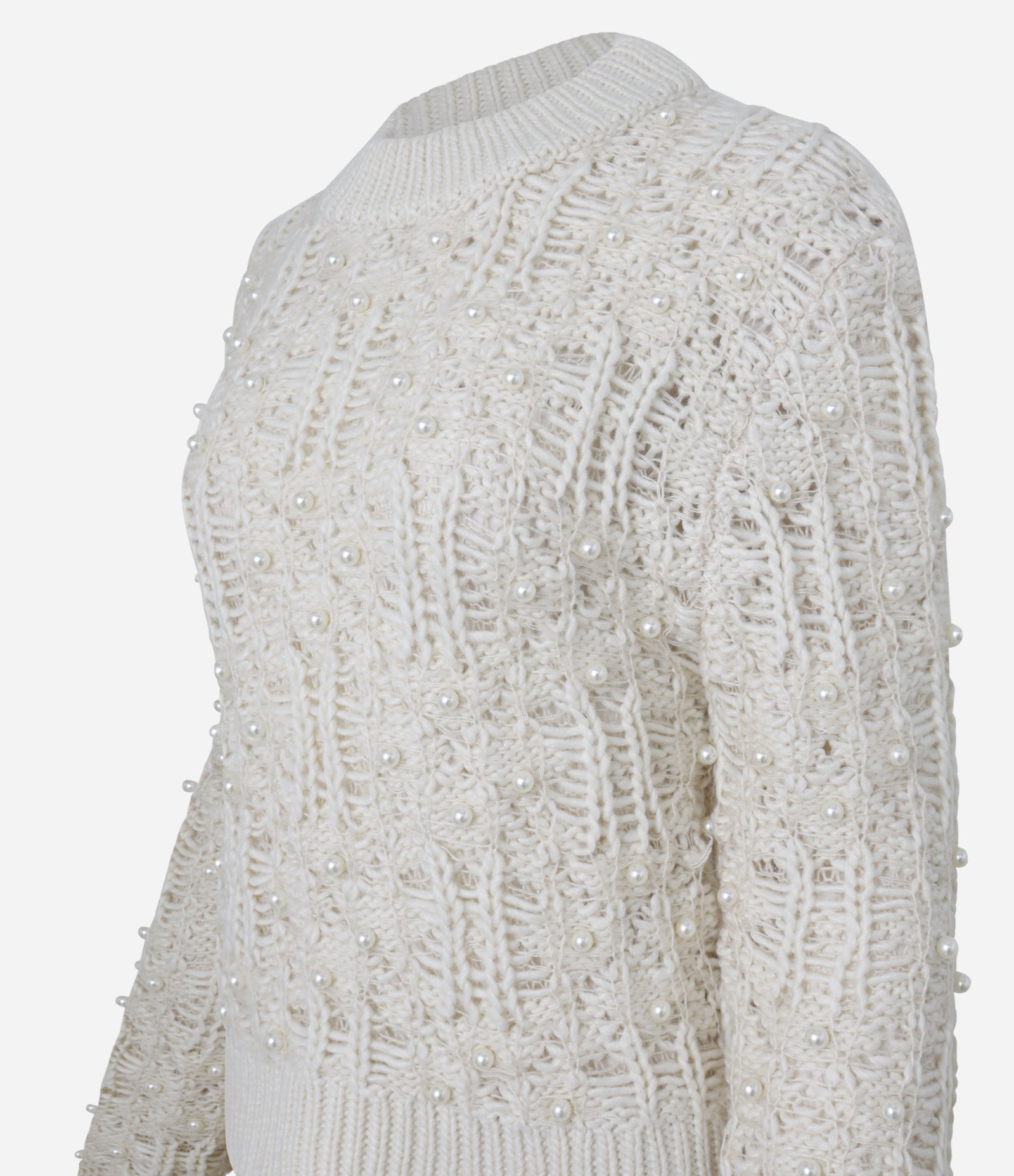 Suéter em Tricô com Caimento Pesado e Pérolas Bege 8