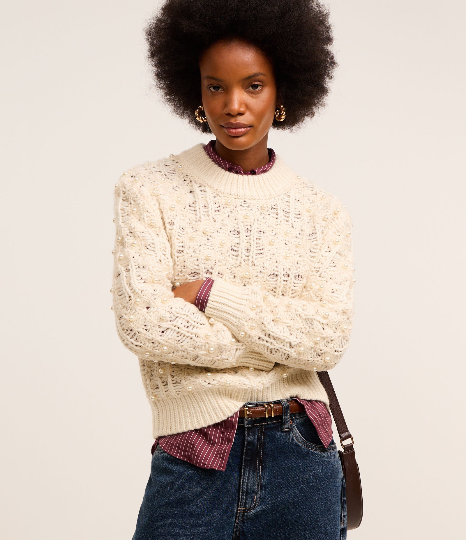 Suéter em Tricô com Caimento Pesado e Pérolas Bege 1