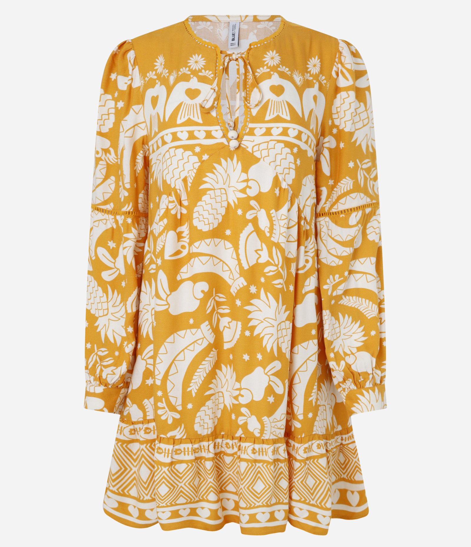 Vestido Manga Bufante em Viscose Twill com Estampa Topical Laranja 5