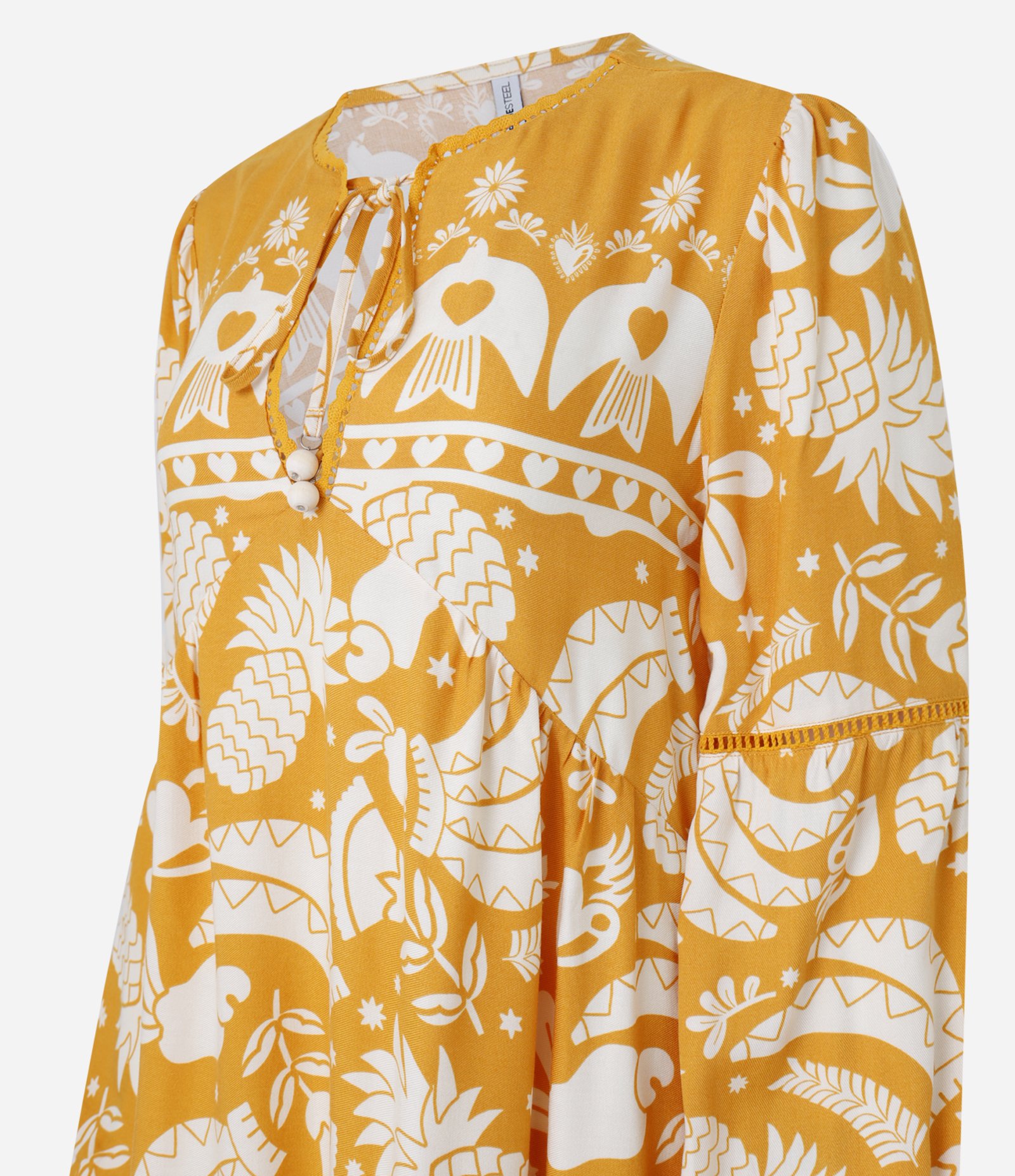 Vestido Manga Bufante em Viscose Twill com Estampa Topical Laranja 6