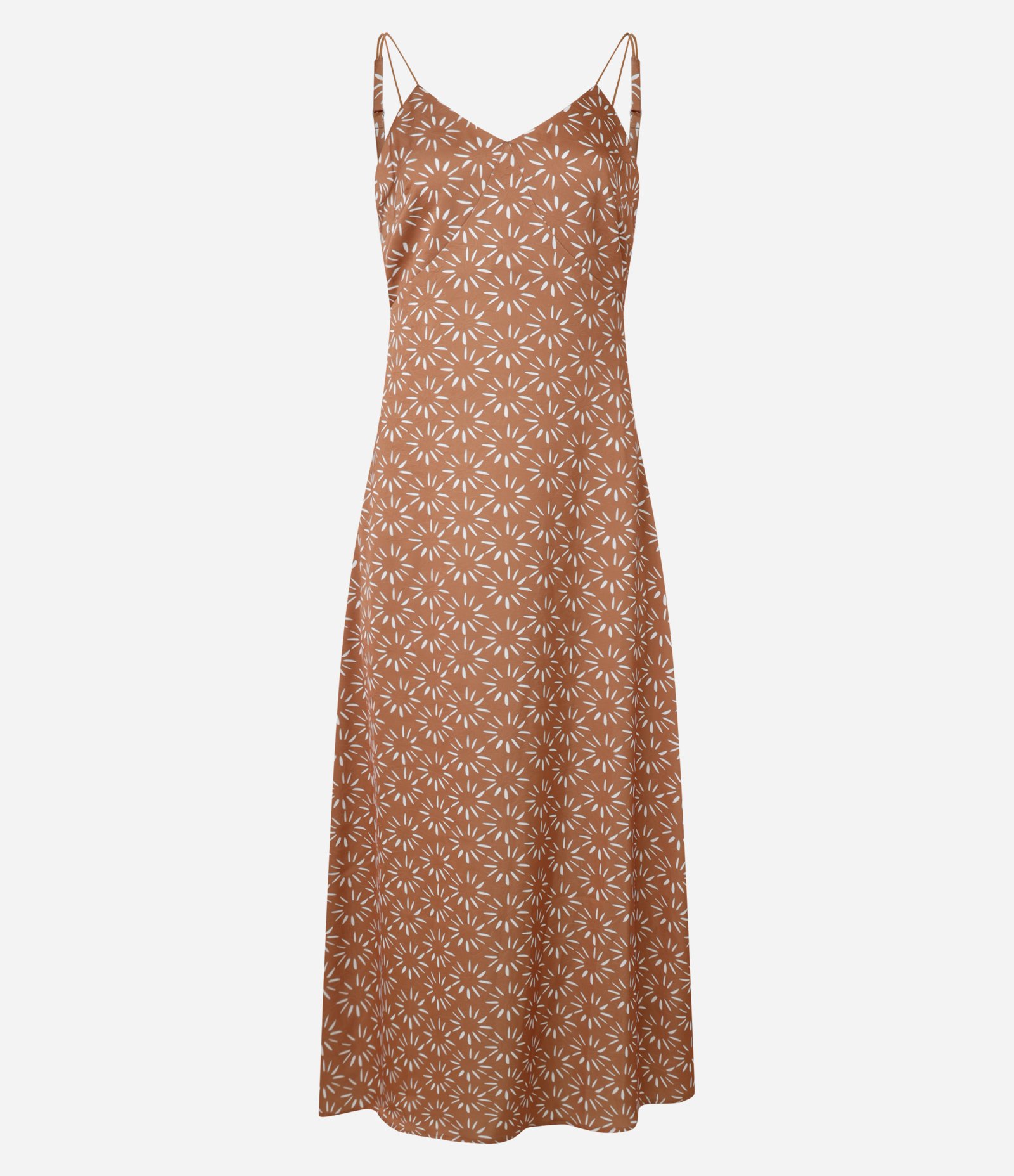 Vestido New Midi Boho Acetinado com Estampa Estalinhos Marrom 5