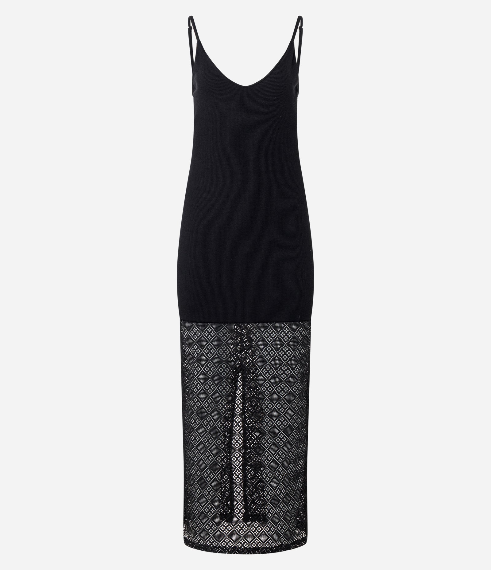 Vestido Longo em Ribana com Saia Rendada Geométrica Preto 5