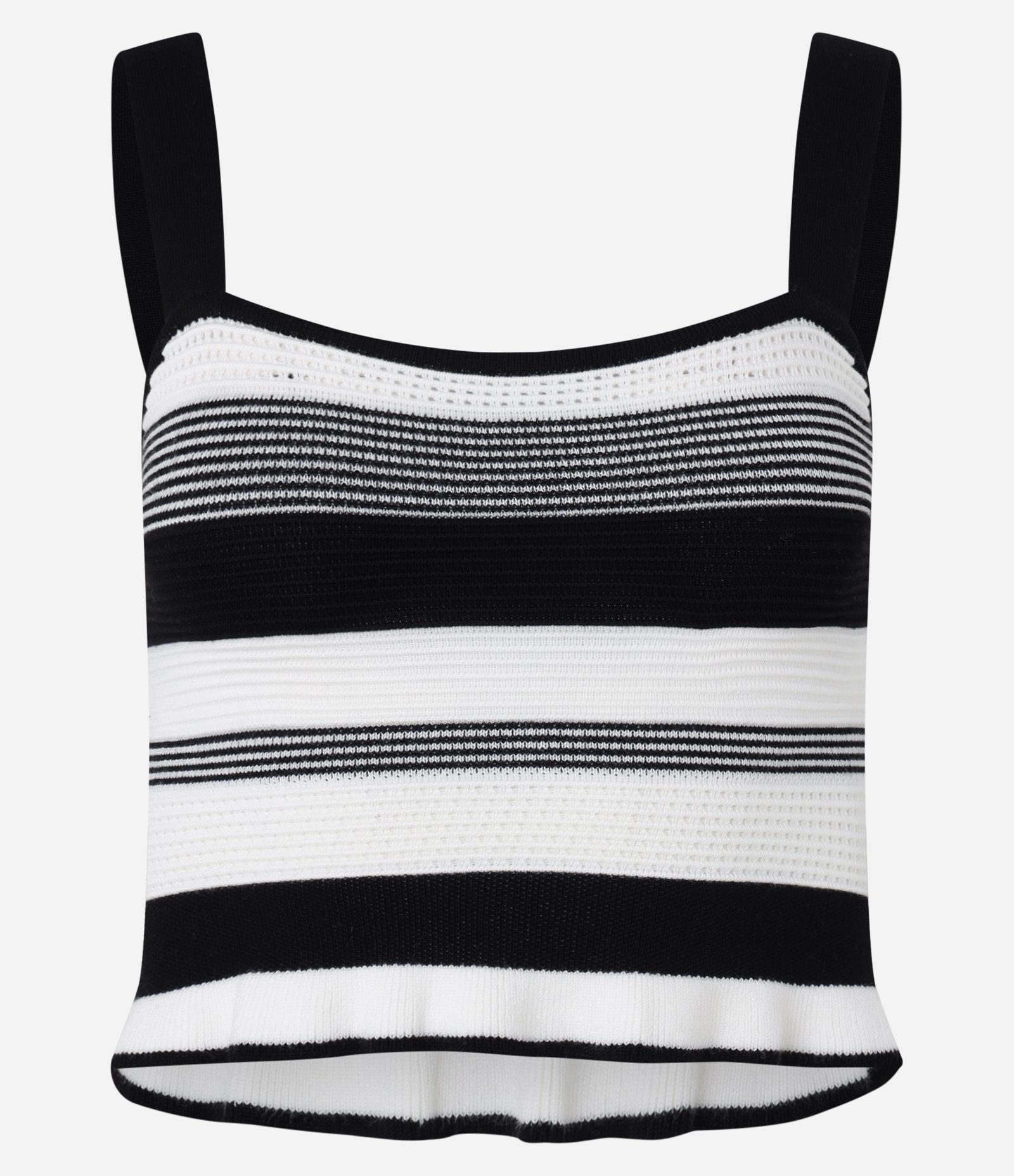 Blusa Cropped Listrada em Tricô com Frufru na Barra Preto/Branco 6