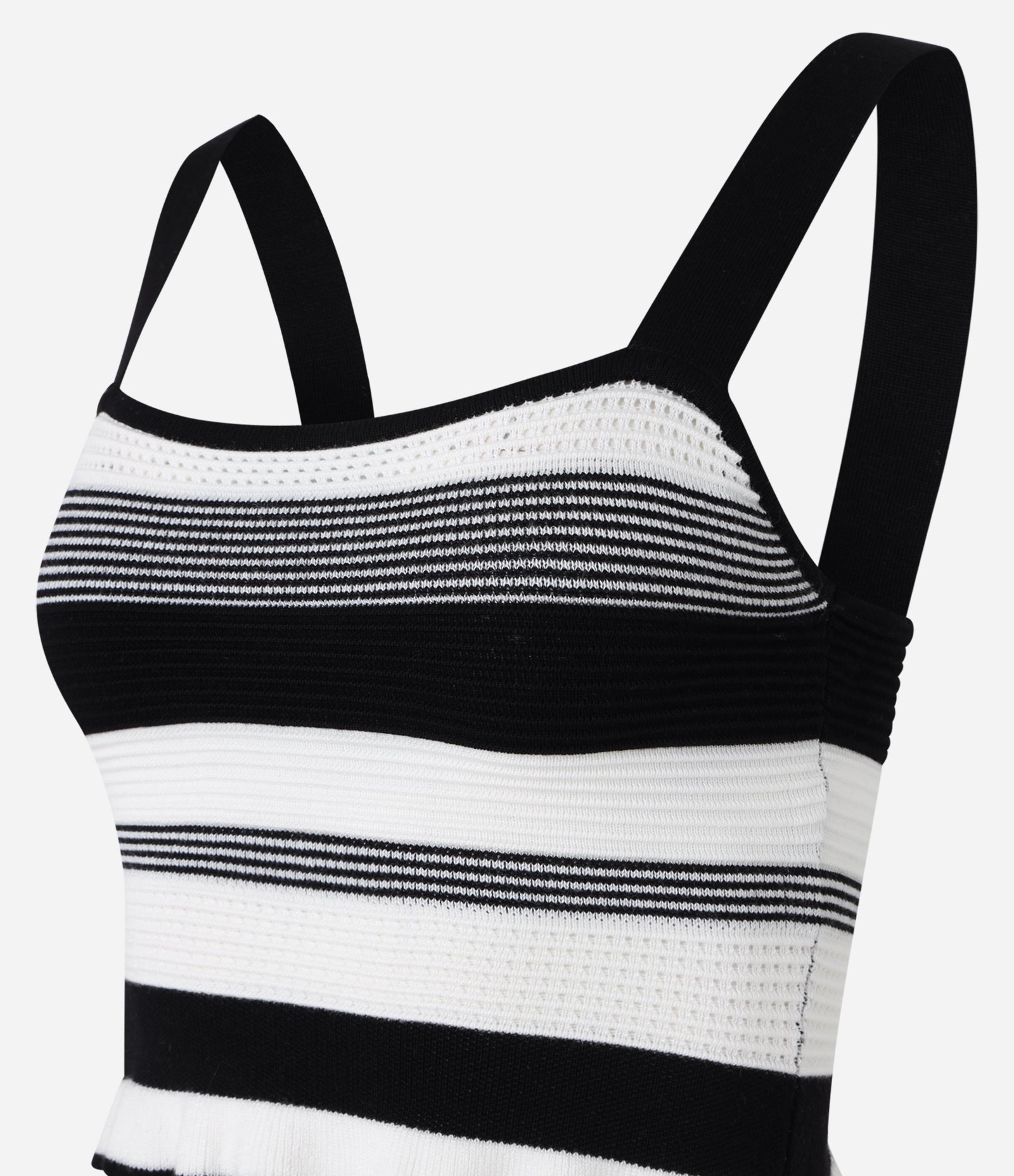 Blusa Cropped Listrada em Tricô com Frufru na Barra Preto/Branco 7