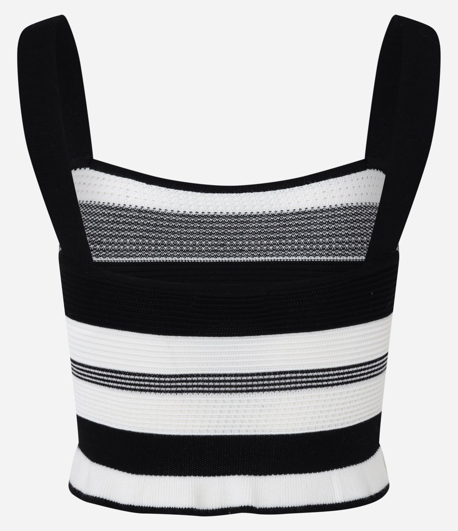 Blusa Cropped Listrada em Tricô com Frufru na Barra Preto/Branco 8