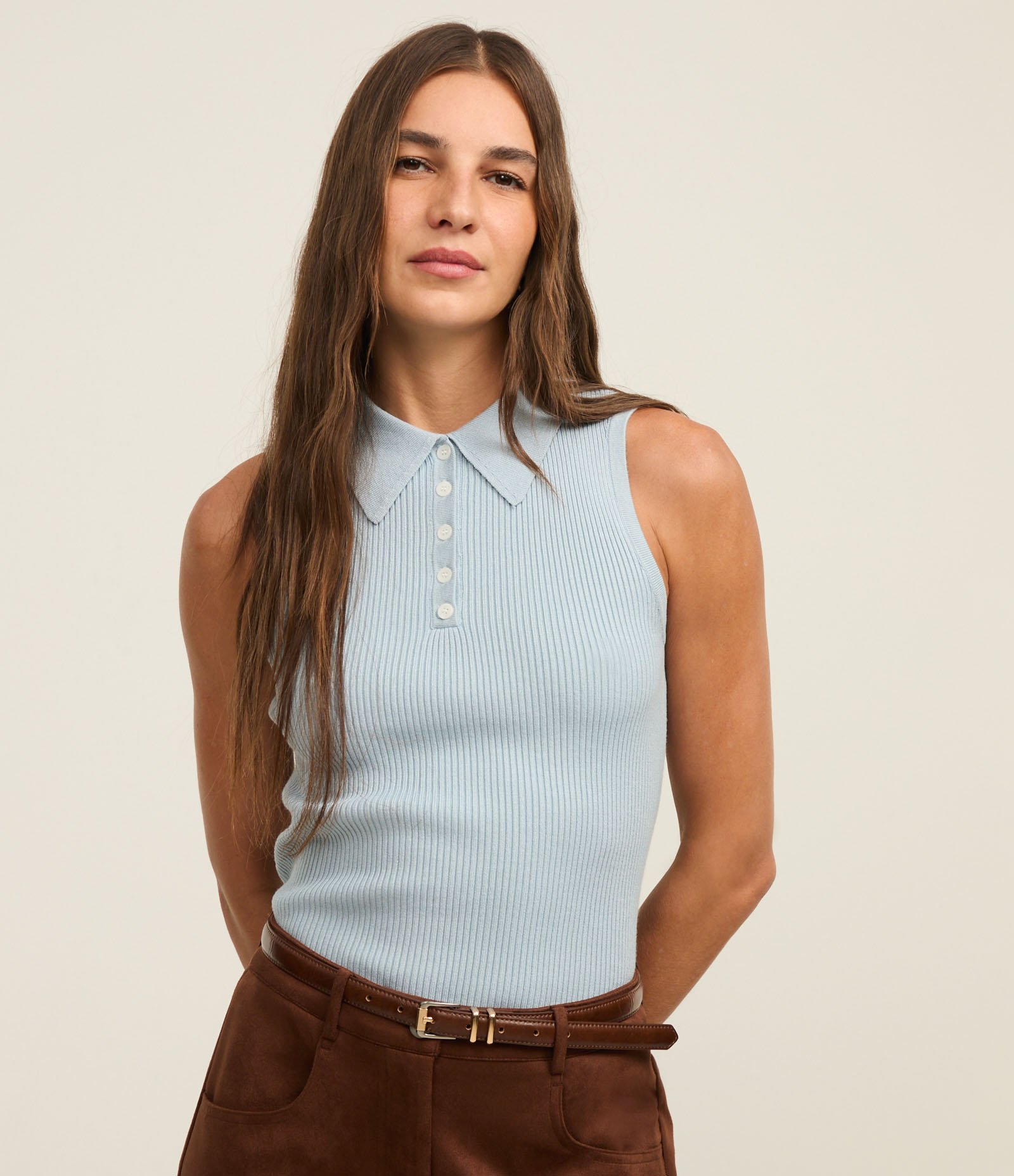 Blusa Canelada em Tricô com Gola Polo Azul 2