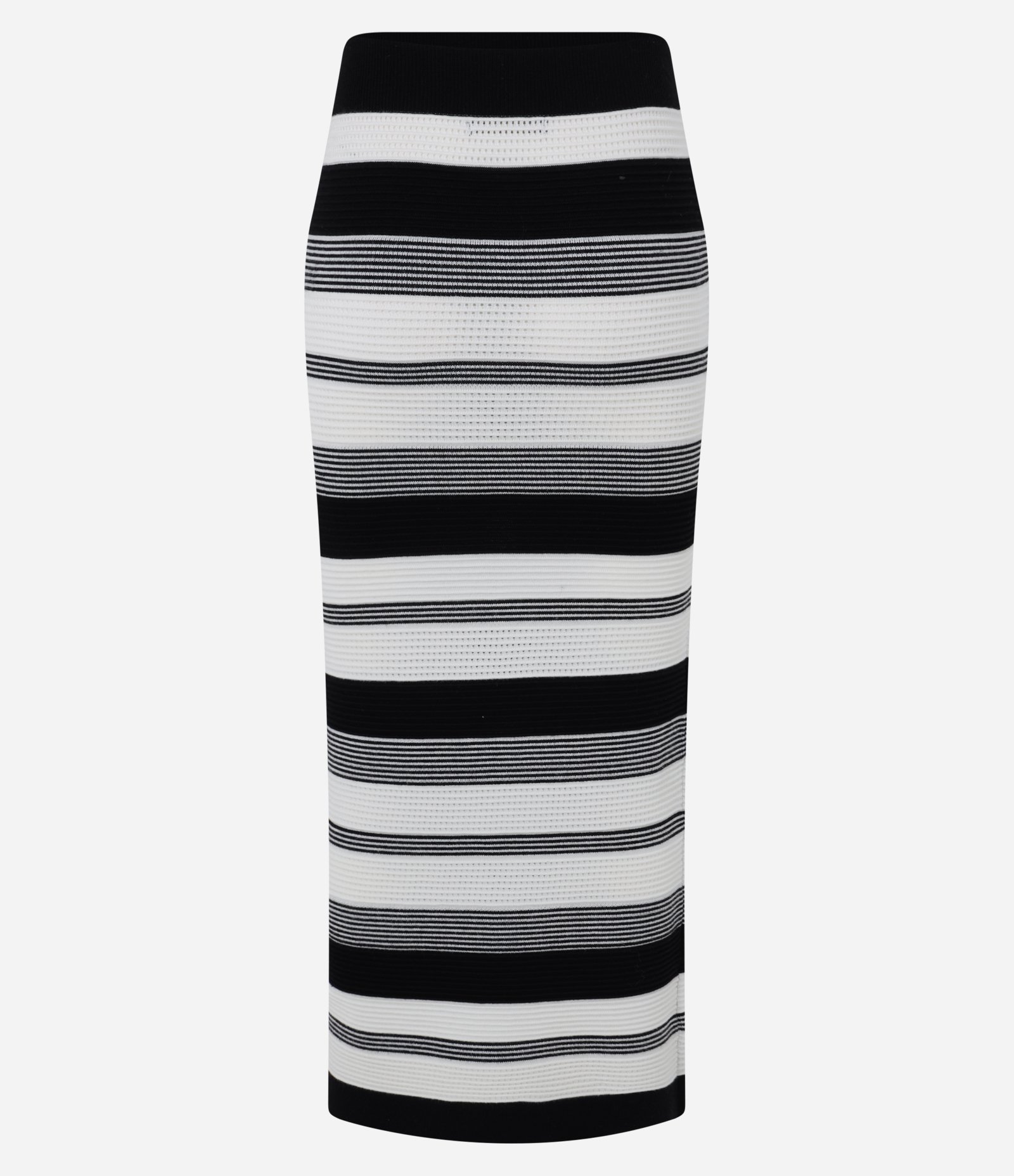 Saia Reta New Midi Cintura Alta em Tricô Listrado Preto 7