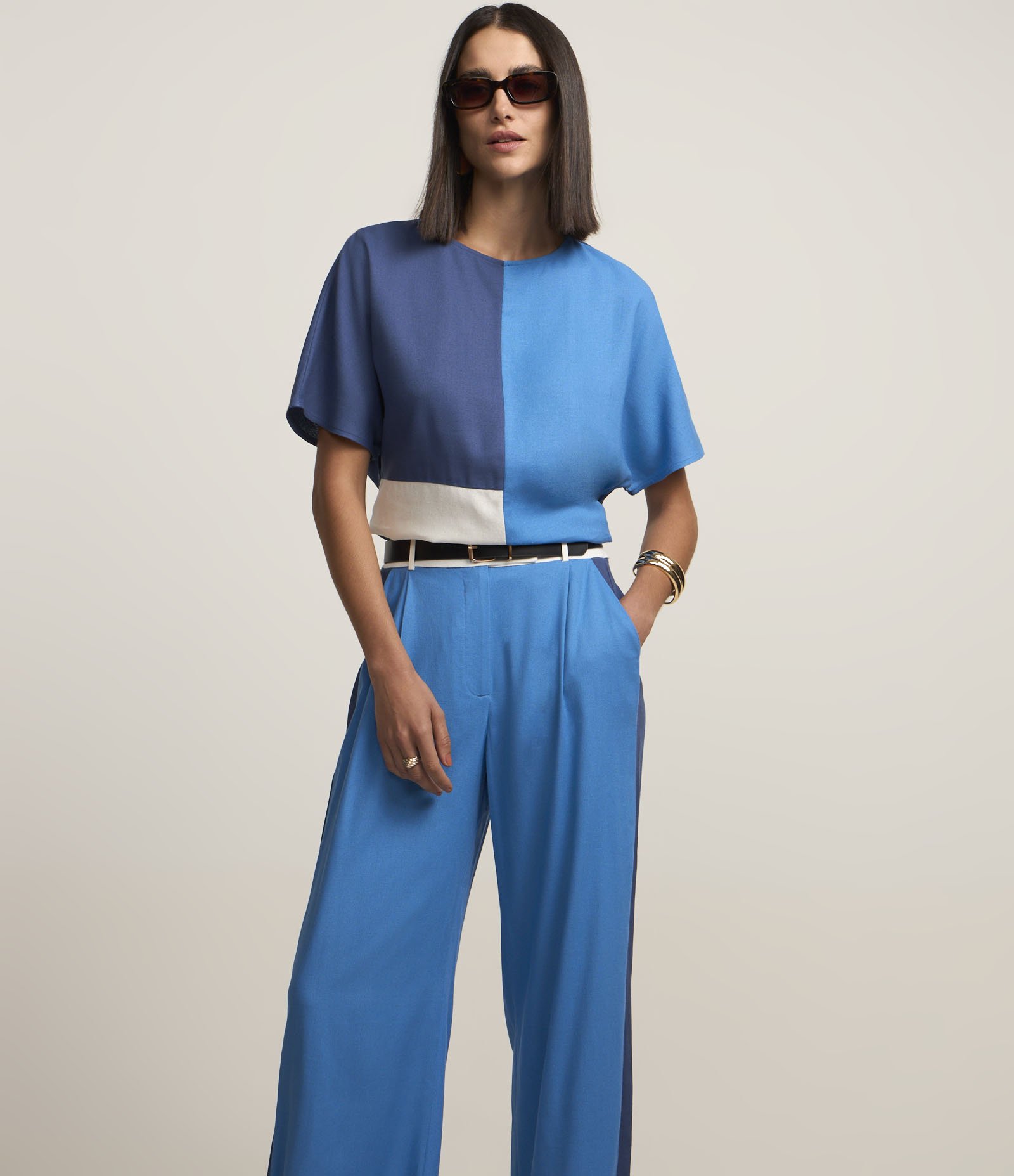 Calça Wide Leg em Viscose e Linho com Blocos de Cor Azul 3