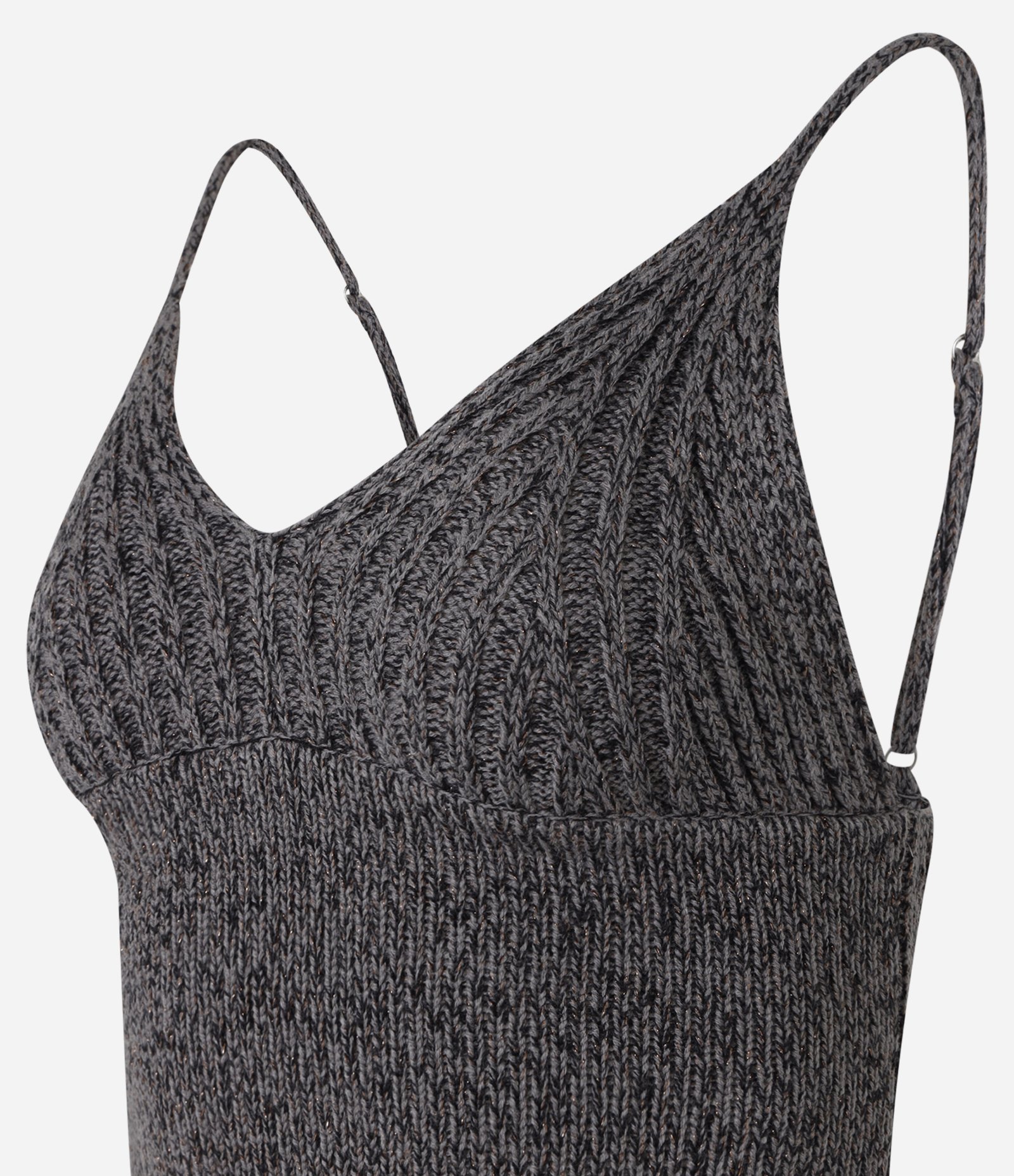 Blusa Cropped em Tricô com Fio Metalizado e Alça Regulável Cinza 7