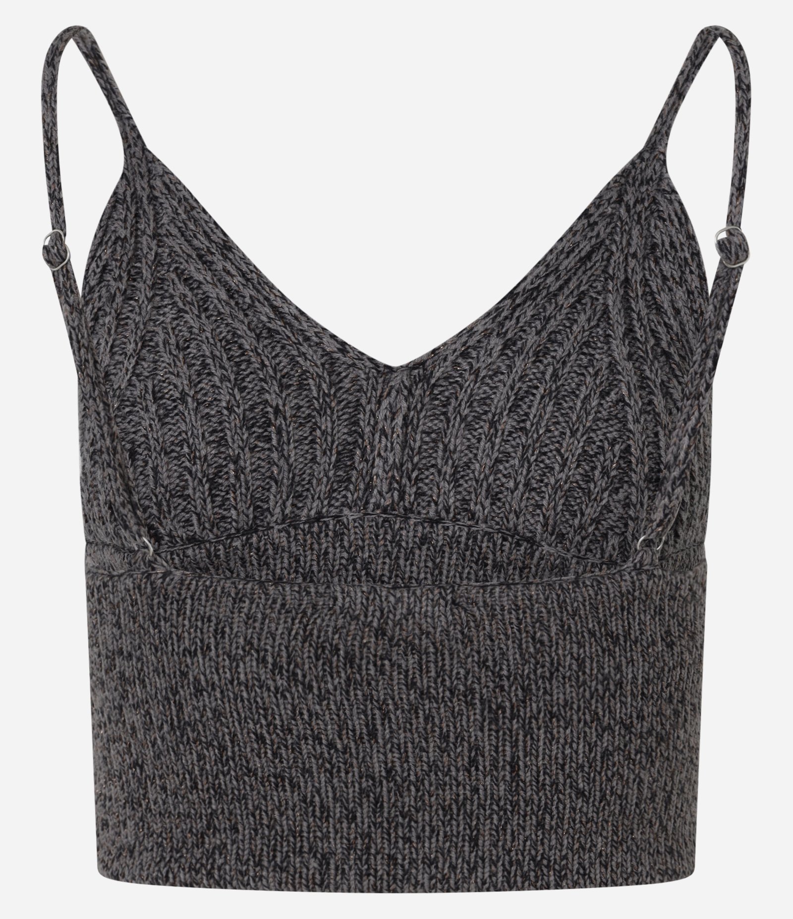 Blusa Cropped em Tricô com Fio Metalizado e Alça Regulável Cinza 8