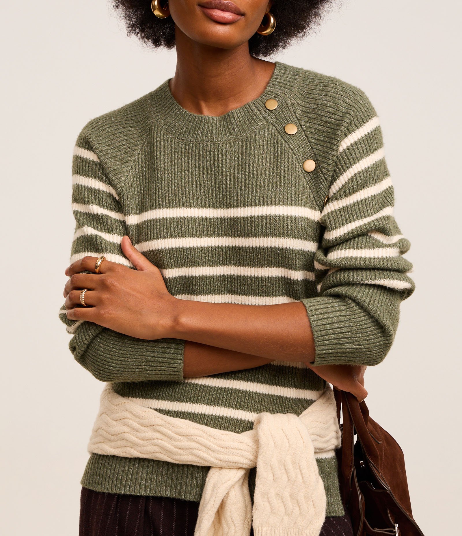 Suéter em Tricô com Botões na Cava e Estampa Listras Verde/Branco 4