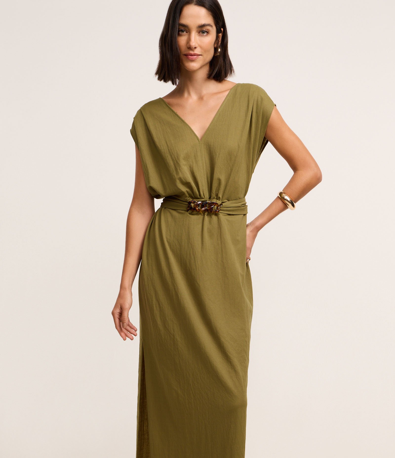 Vestido Long Midi Texturizado em Piquet com Cinto Argola Verde 2