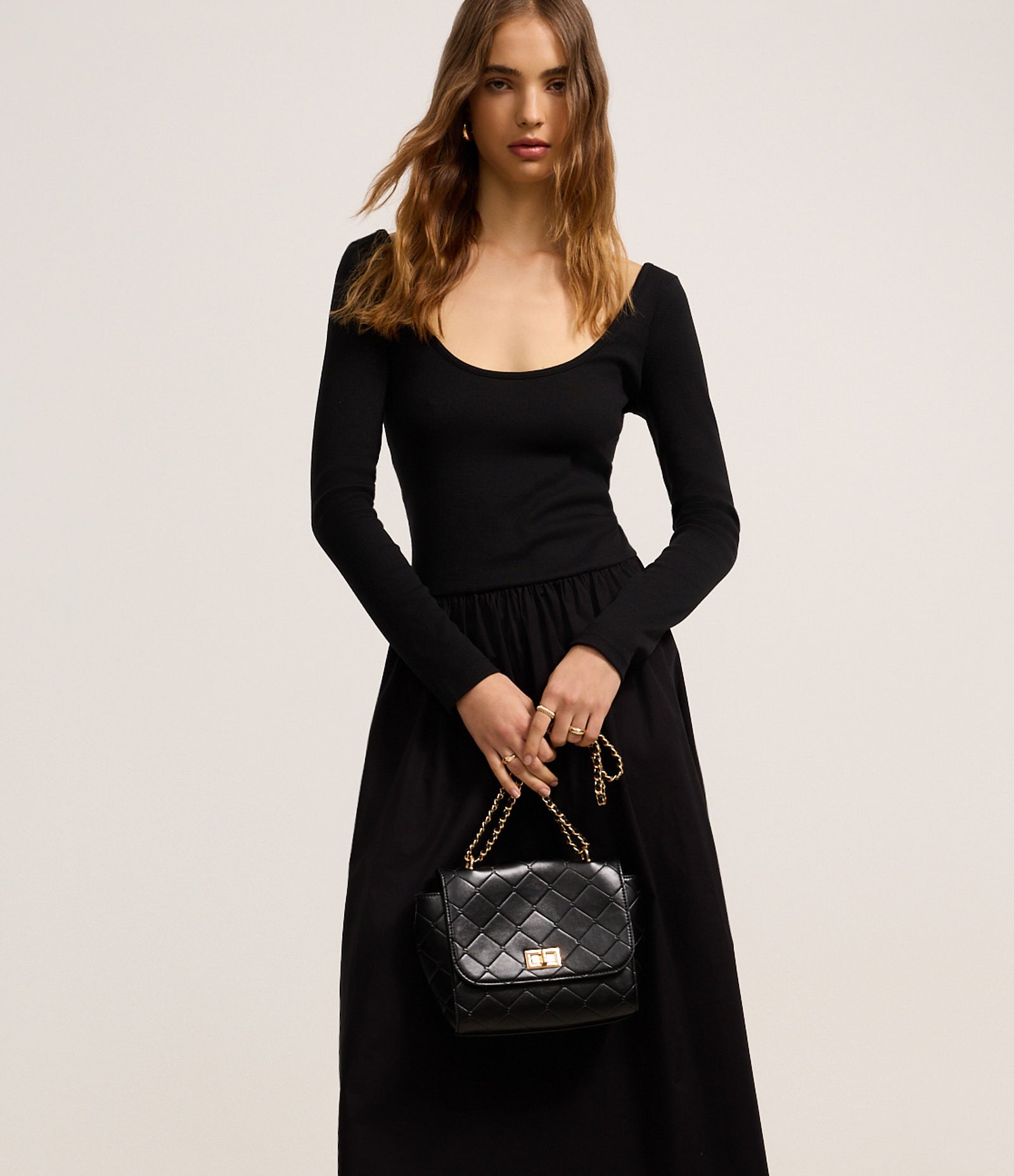 Vestido Longo Midi em Ribana e Tricoline com Decote U Preto 2