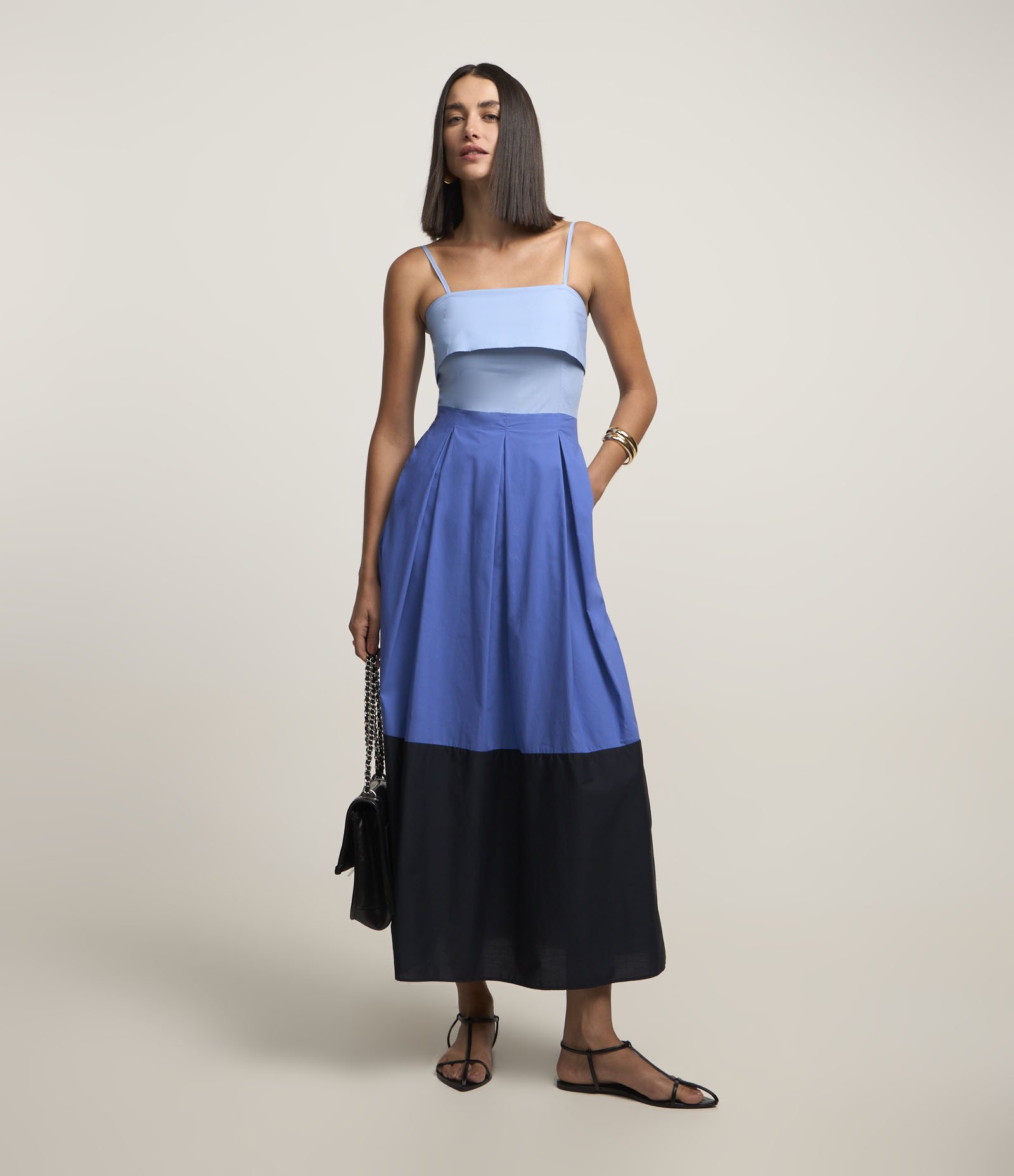 Vestido Midi em Tricoline com Pregas Azul 1