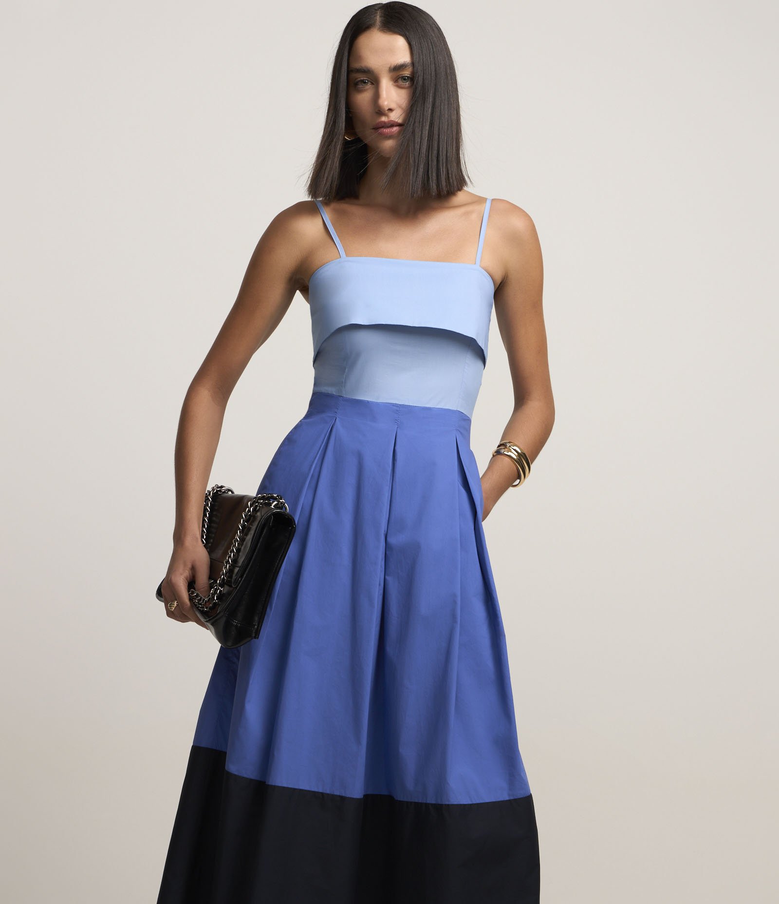 Vestido Midi em Tricoline com Pregas Azul 2
