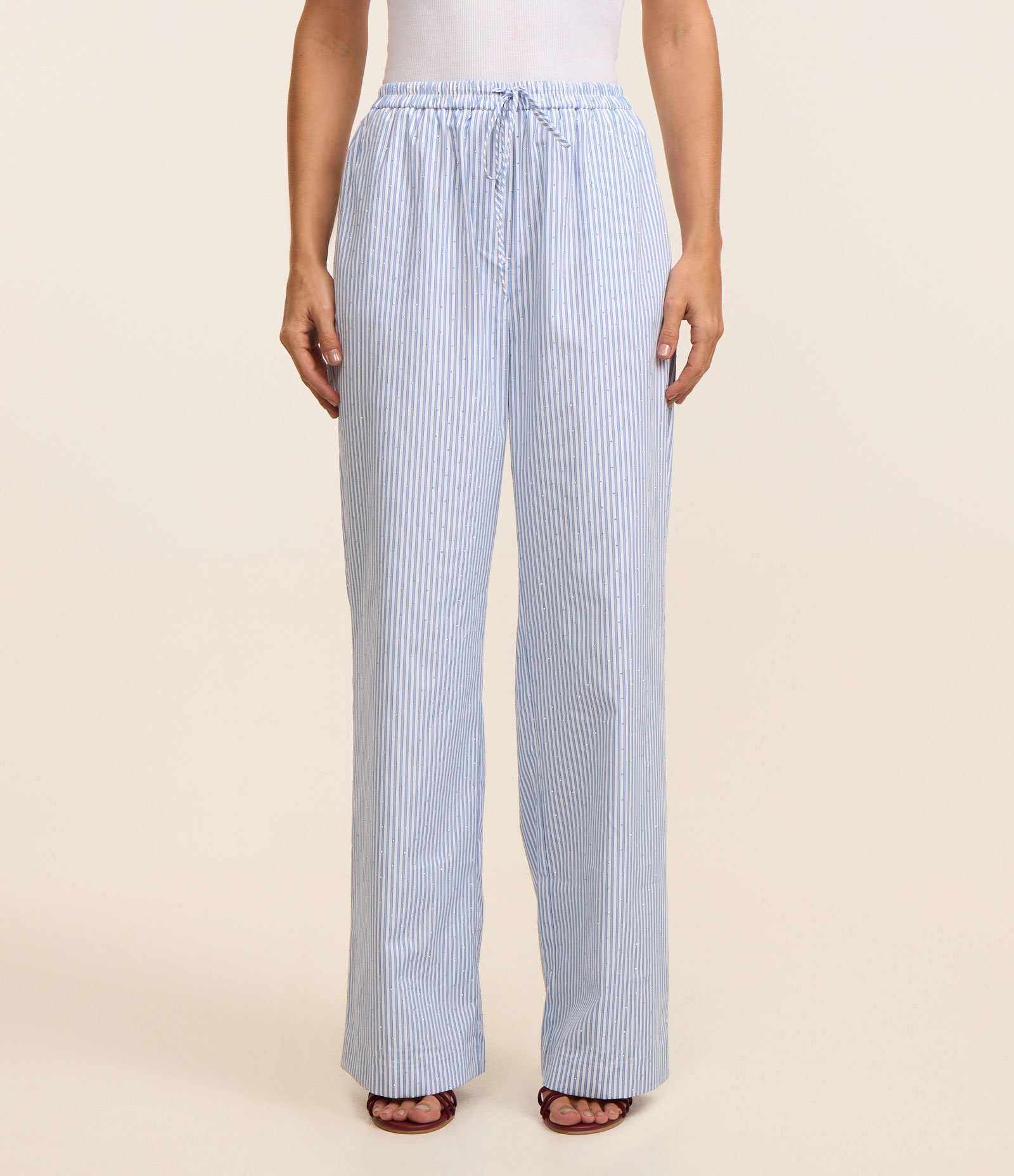 Calça Reta em Tricoline Listrado com Strass Azul 2