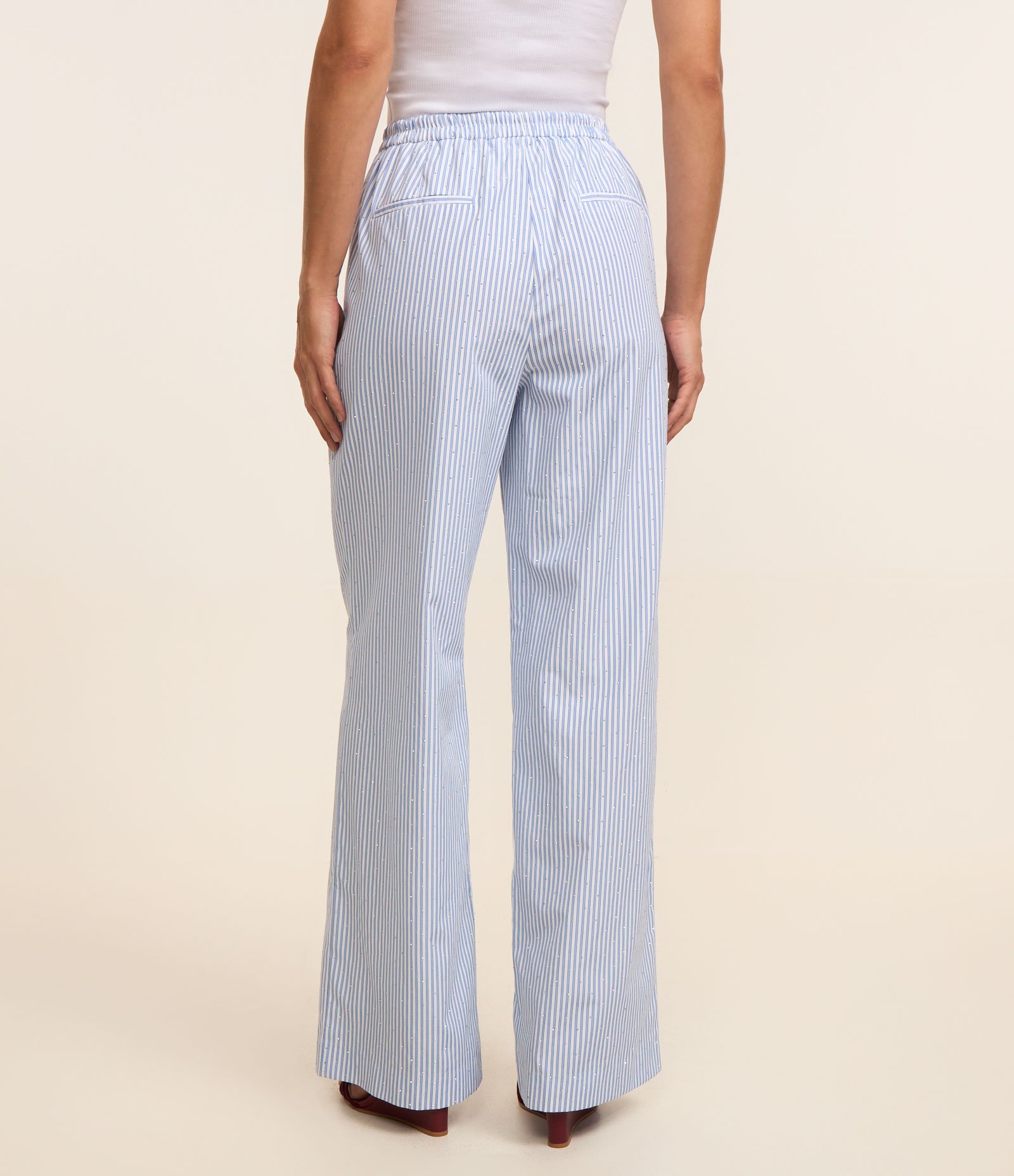 Calça Reta em Tricoline Listrado com Strass Azul 3