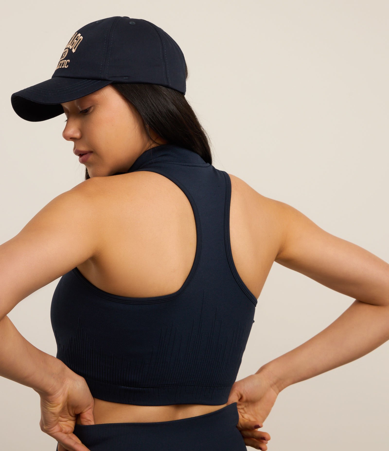 Top Halterneck Esportivo em Poliamida Seamless sem Bojo com Zíper Azul Marinho 4