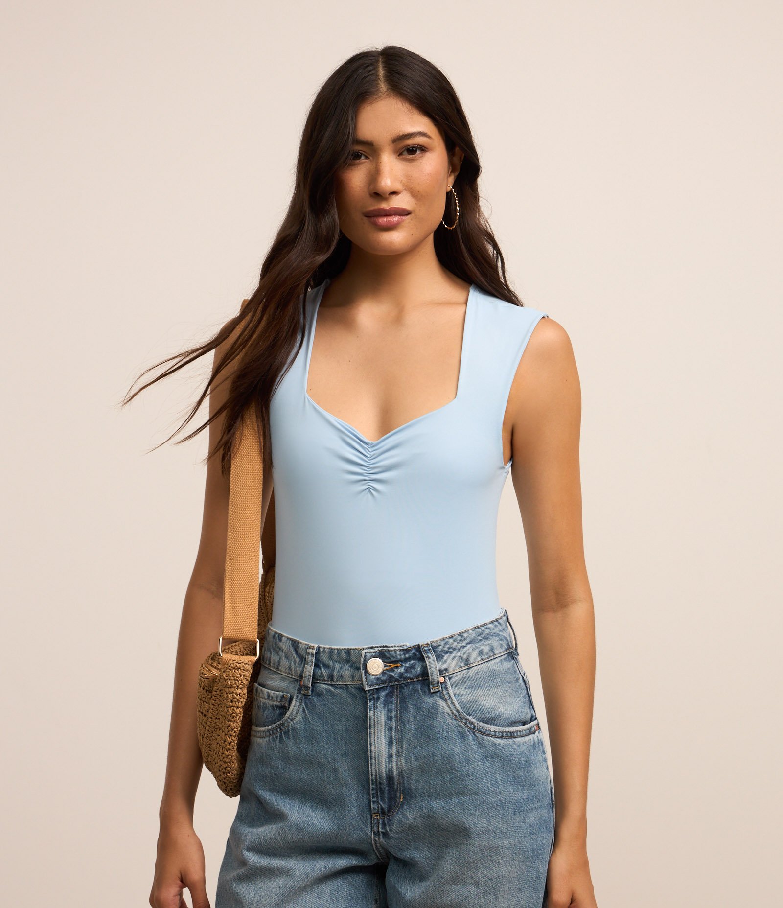 Body em Microfibra com Decote Coração Franzidinho Azul 1