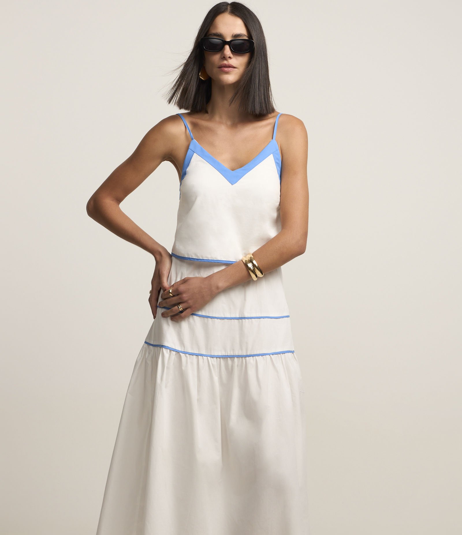 Vestido Midi em Tricoline com Viés Contrastante Branco/Azul 1
