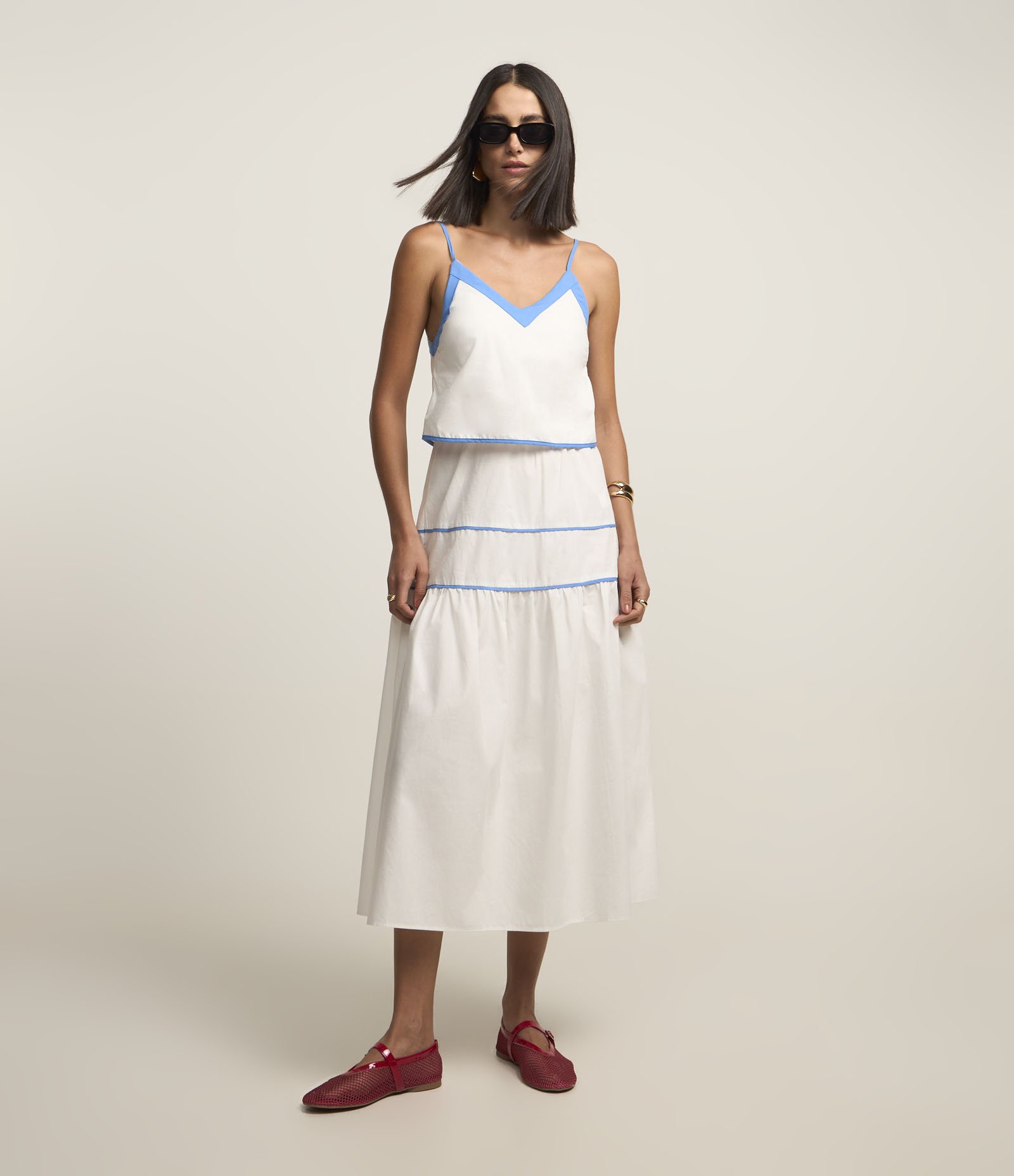 Vestido Midi em Tricoline com Viés Contrastante Branco/Azul 2