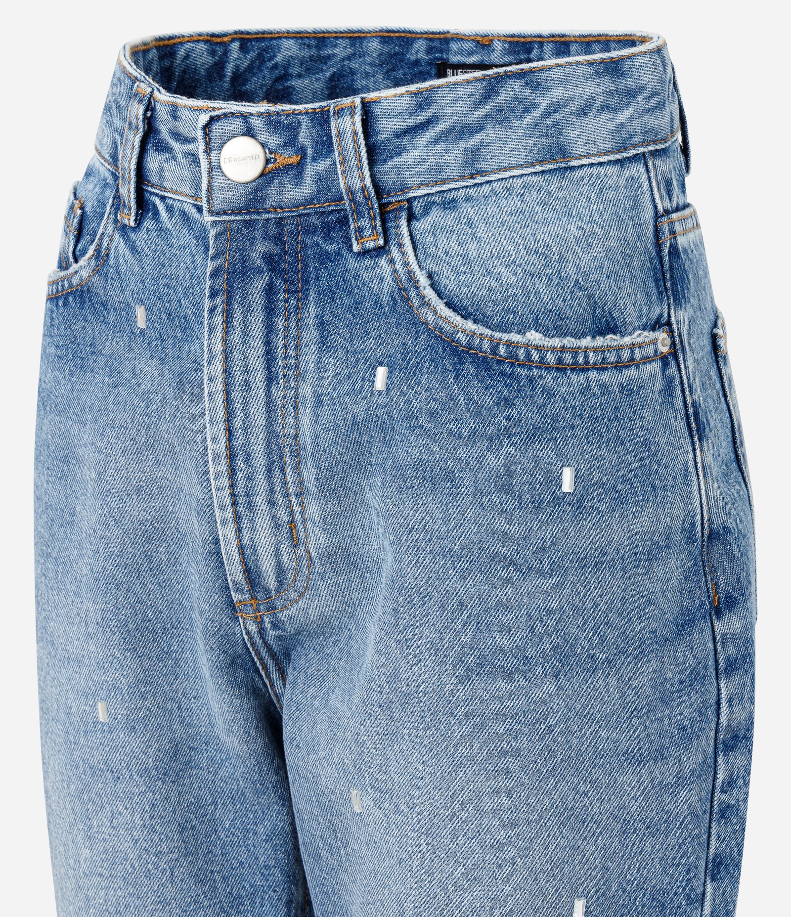 Calça Mom em Jeans com Aplicação de Brilhos Azul 6