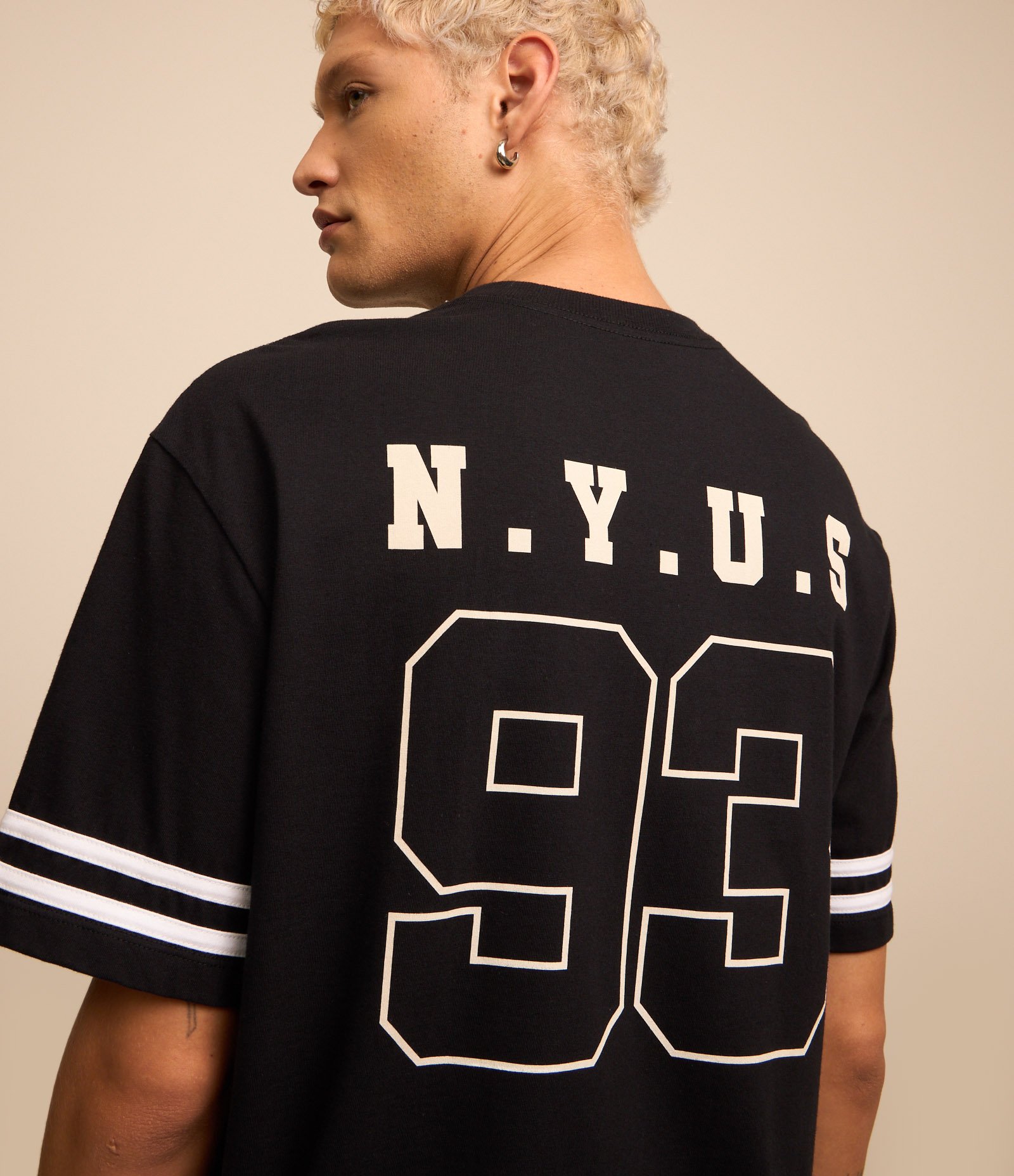 Camiseta Relaxed em Algodão com Listras e Estampa NYUS 93 1