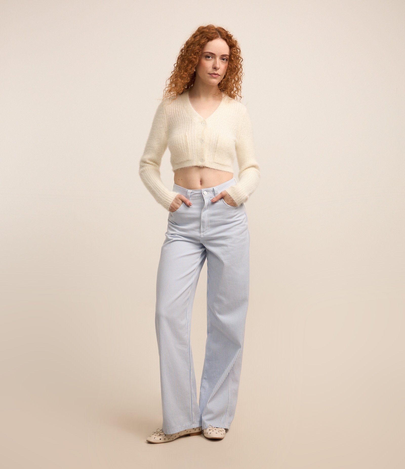 Calça Wide Leg Cintura Alta em Sarja com Listras Azul 1