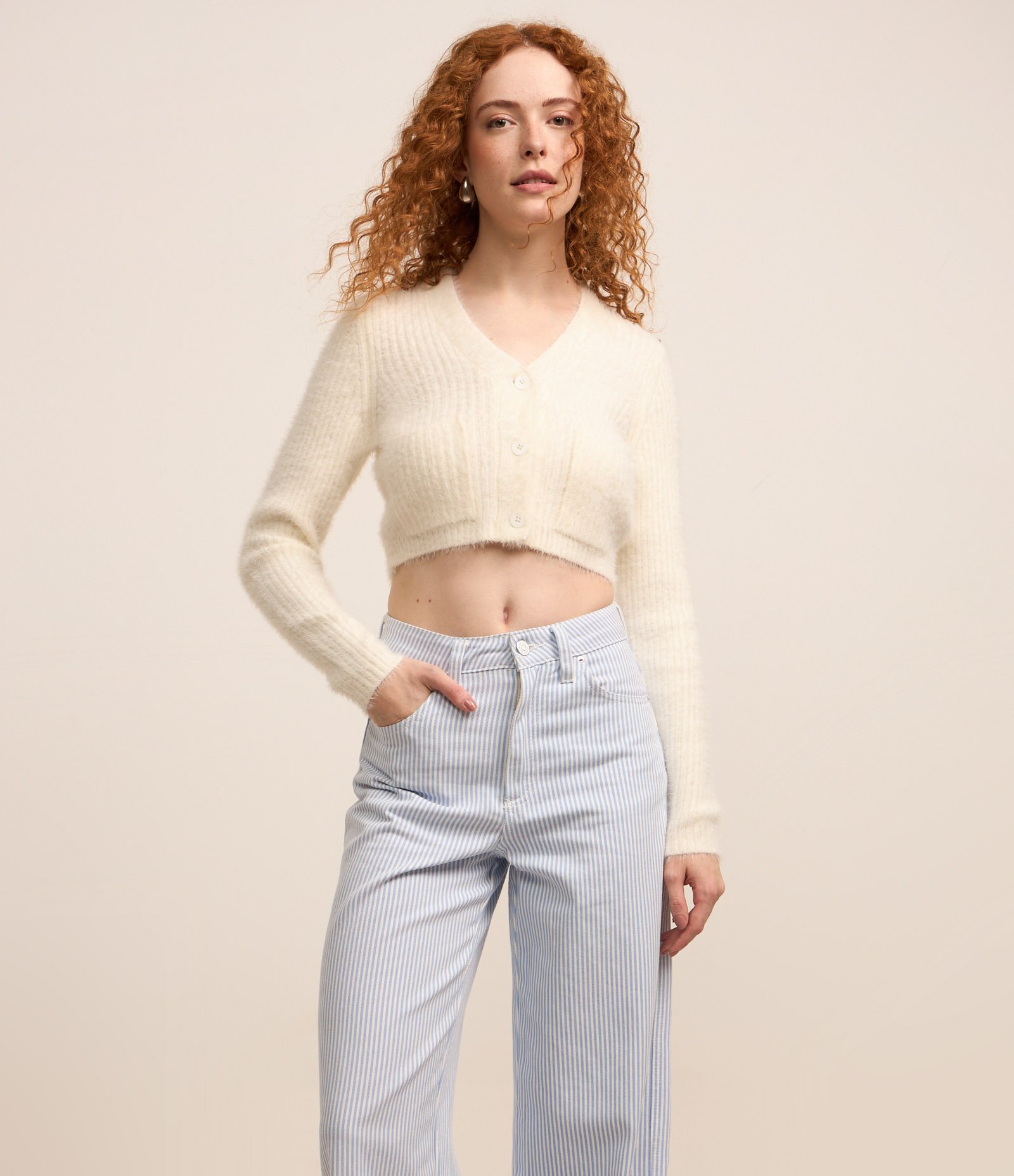 Calça Wide Leg Cintura Alta em Sarja com Listras Azul 2