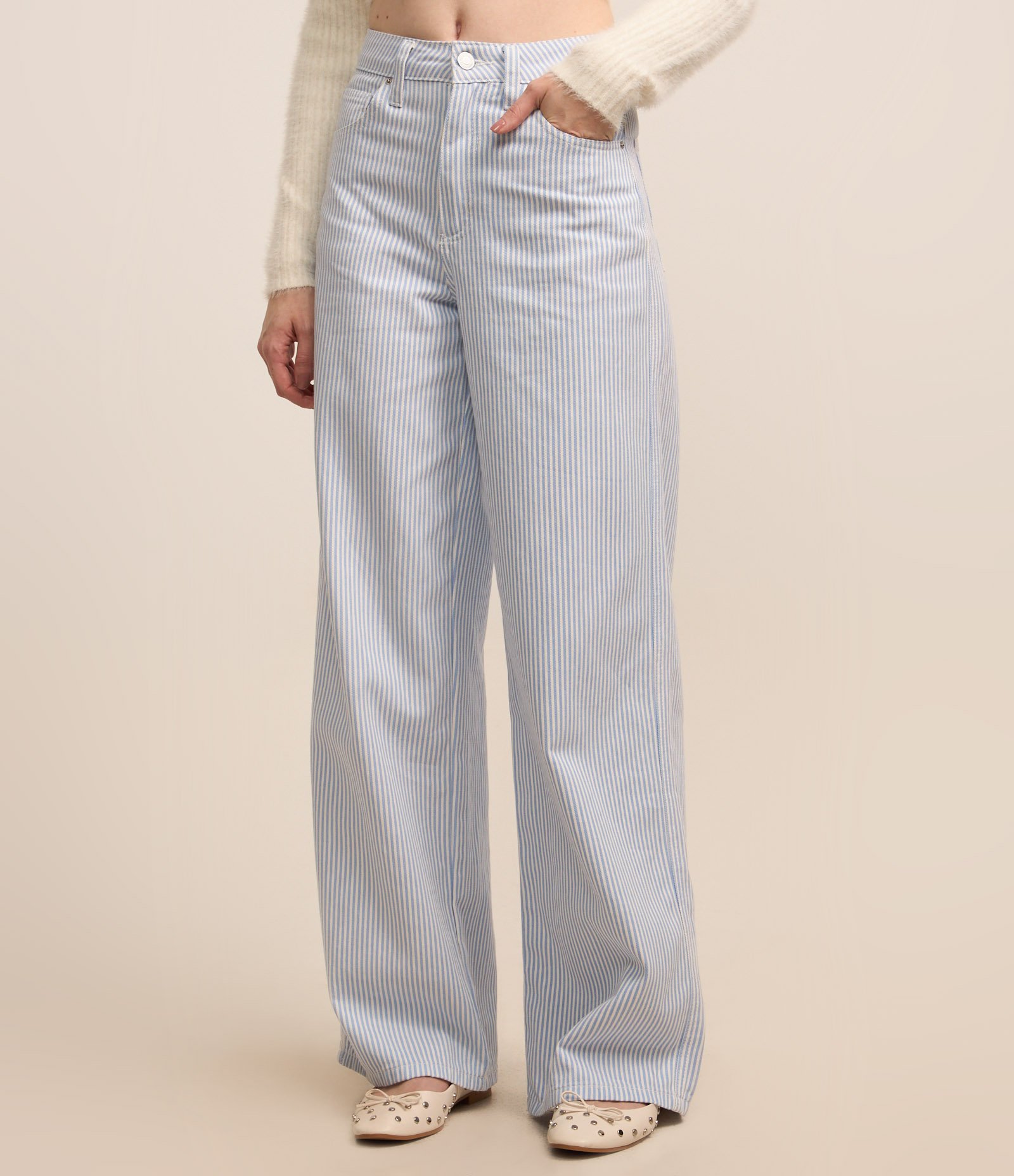 Calça Wide Leg Cintura Alta em Sarja com Listras Azul 3