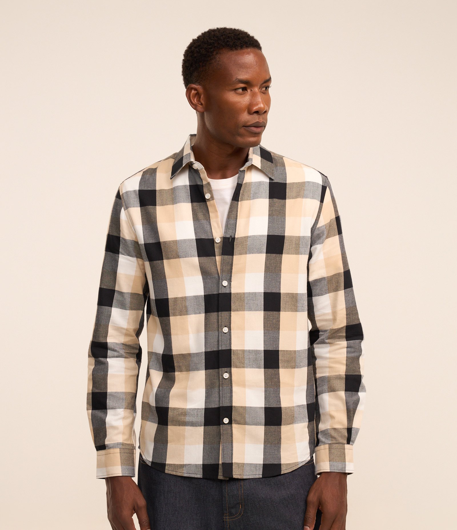 Camisa Regular em Flanela com Estampa Xadrez Cinza/Amarelo/Bege 1