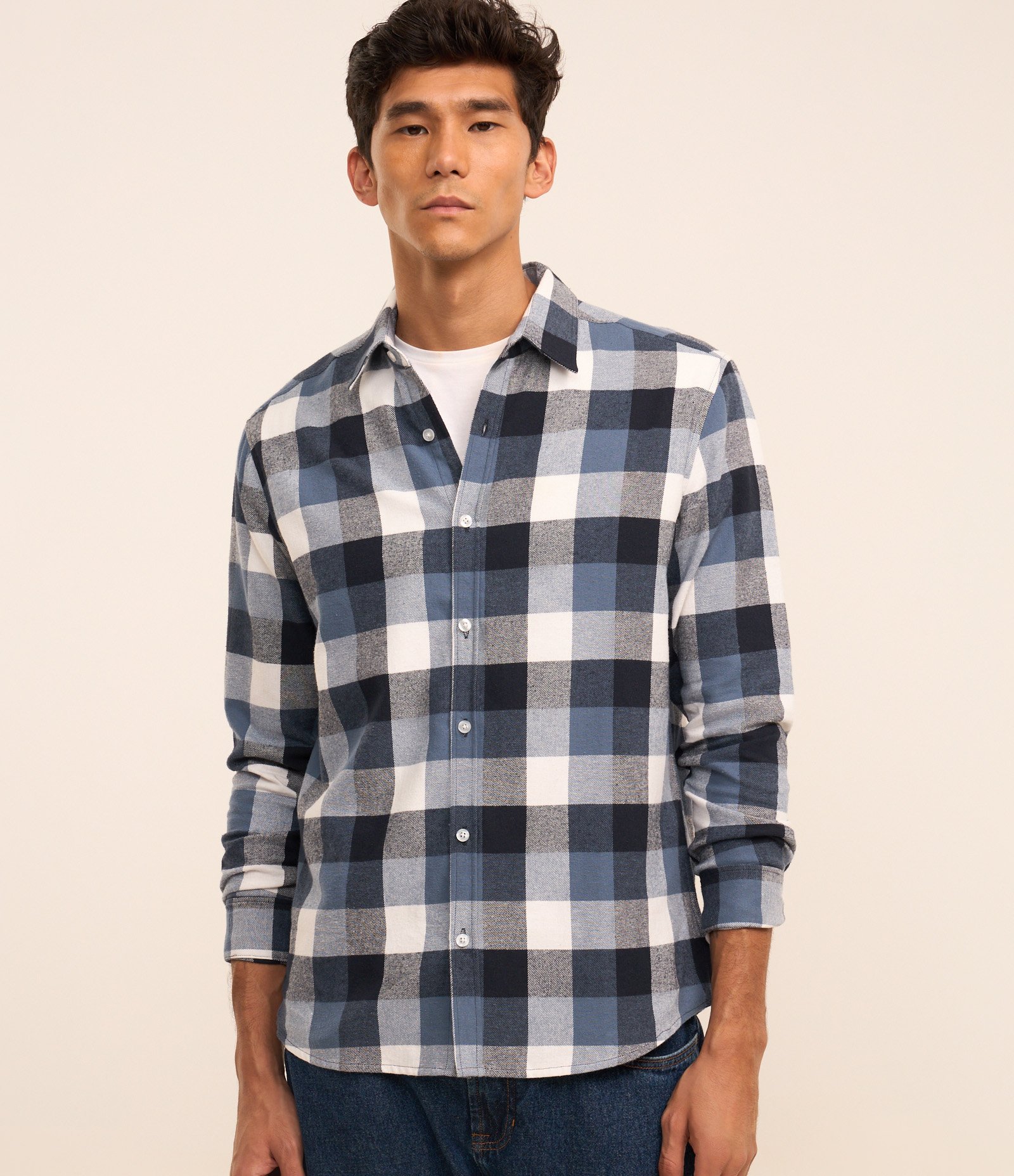 Camisa Comfort em Algodão com Estampa Xadrez e Manga Longa Azul/Cinza/Off White 1